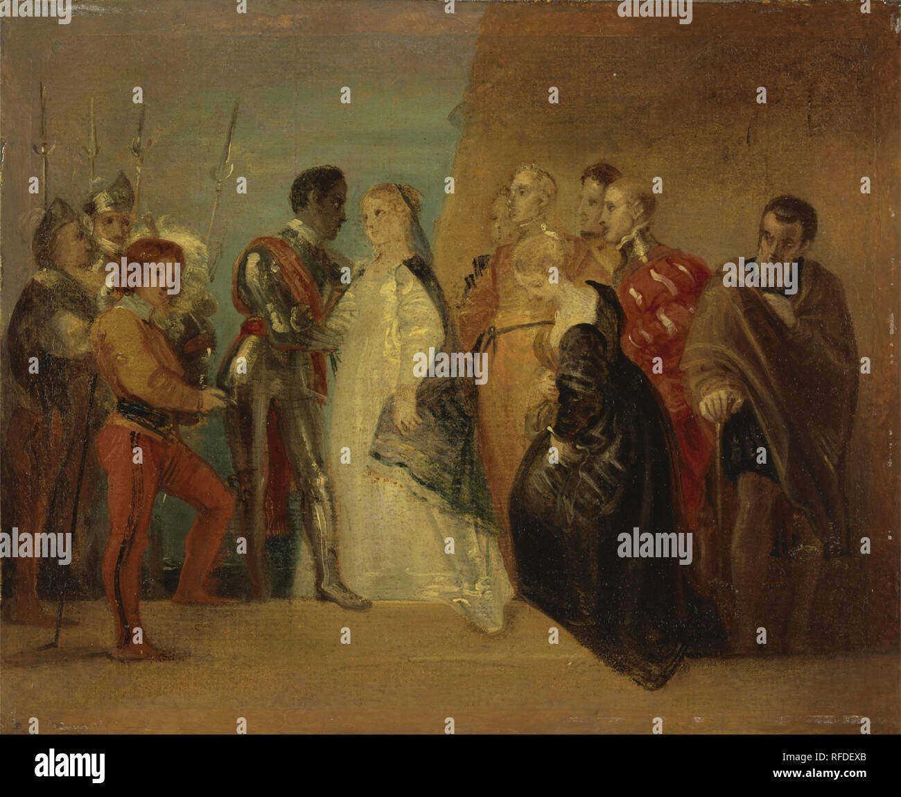 Die Rückkehr von Othello, aus "Othello", Act II, Scene ii Datum/Zeit: Ca. 1799. Malerei. Öl auf Papier auf Leinwand montiert. Höhe: 210 mm (8.26 in); Breite: 254 mm (10 in.). Autor: THOMAS STOTHARD. Stockfoto
