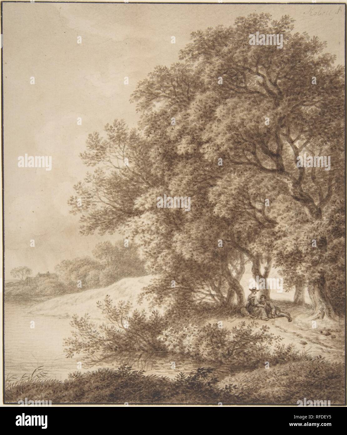 Landschaft mit Liebhaber. Artist: Ferdinand Kobell (Deutsch, Mannheim 1740-1799 München). Maße: Blatt: 7 11/16 x 6 9/16-in. (19,5 x 16,7 cm). Datum: 1740-99. Museum: Metropolitan Museum of Art, New York, USA. Stockfoto