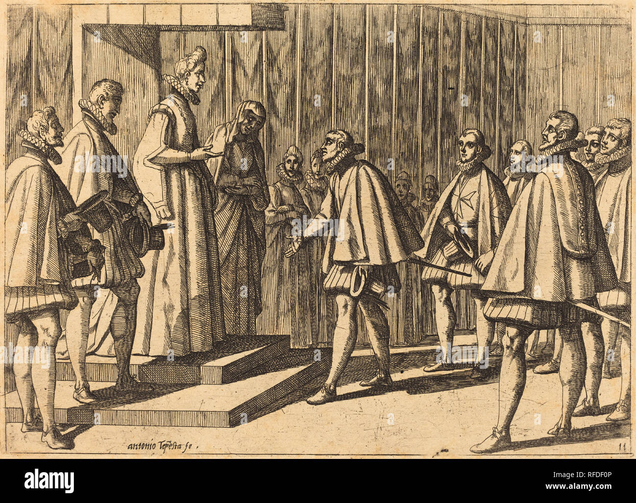 Italienische Prinz vor Margarete von Österreich. Stand: 1612. Medium: Radierung. Museum: Nationalgalerie, Washington DC. Autor: Antonio Tempesta. Stockfoto