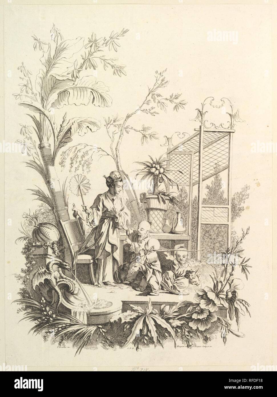 Chinoiserie mit Figuren in einer Landschaft. Artist: Nachdem François Boucher (Französisch, Paris 1703-1770 Paris); Gabriel Huquier (Französisch, Orléans, Paris 1695-1772). Maße: Blatt: 22 13/16 x 16 7/8 in. (58 x 42,9 cm). Herausgeber: Gabriel Huquier (Französisch, Orléans, Paris 1695-1772). Serie/Portfolio: chinoiseries. Datum: 18. Museum: Metropolitan Museum of Art, New York, USA. Stockfoto