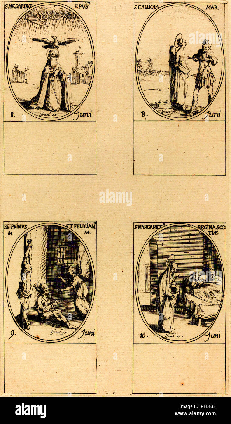 St. Medard; St. Calliopa; Sts. Primus und Felician; St. Margaret von Schottland. Medium: Radierung. Museum: Nationalgalerie, Washington DC. Autor: Jacques Callot. Stockfoto