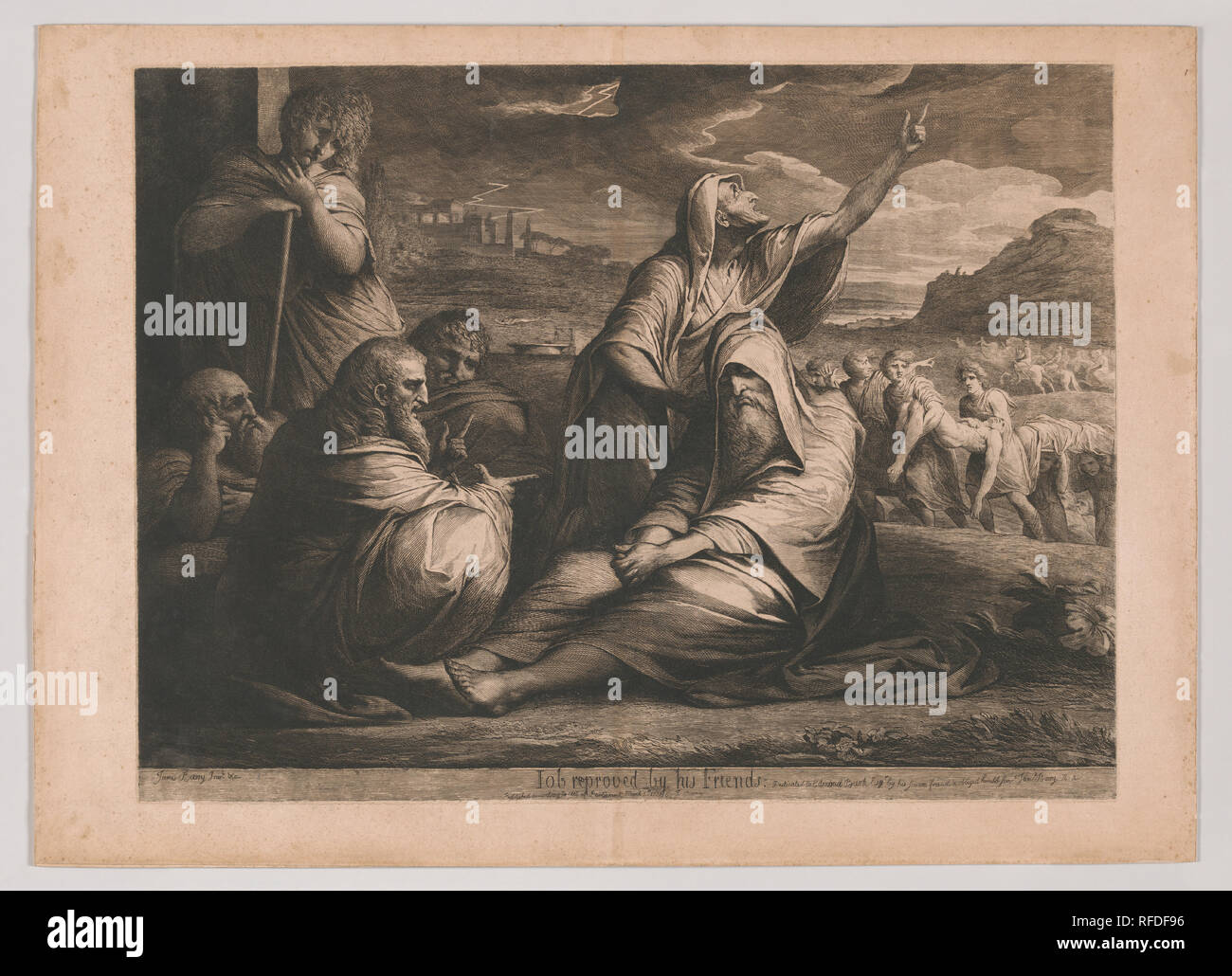 Job Zurechtgewiesen von seinen Freunden. Künstler: James Barry (Irland, Cork 1741-1806 London). Abmessungen: Platte: 22 1/2 x 30 1/16-in. (57,2 × 76,3 cm) Blatt: 25 11/16 x 35 7/16 in. (65,2 × 90 cm). Datum: datiert 1777; ausgestellt. 1790. Job sitzt in der Mitte hier zu leiden als Freunde zurückgetreten Beratung anbieten. In der Ferne ein Blitz schlägt sein Haus und seiner Söhne sind weg. Die Abbildungen umfassen Elihu, ein junger Mann, der an der linken steht, Liphaz, Bildad und Zophar, ältere Männer auf dem Boden sitzt, und die Frau, die sich in Richtung Himmel. Das ist Barry's eindrucksvollste religiösen Co Stockfoto