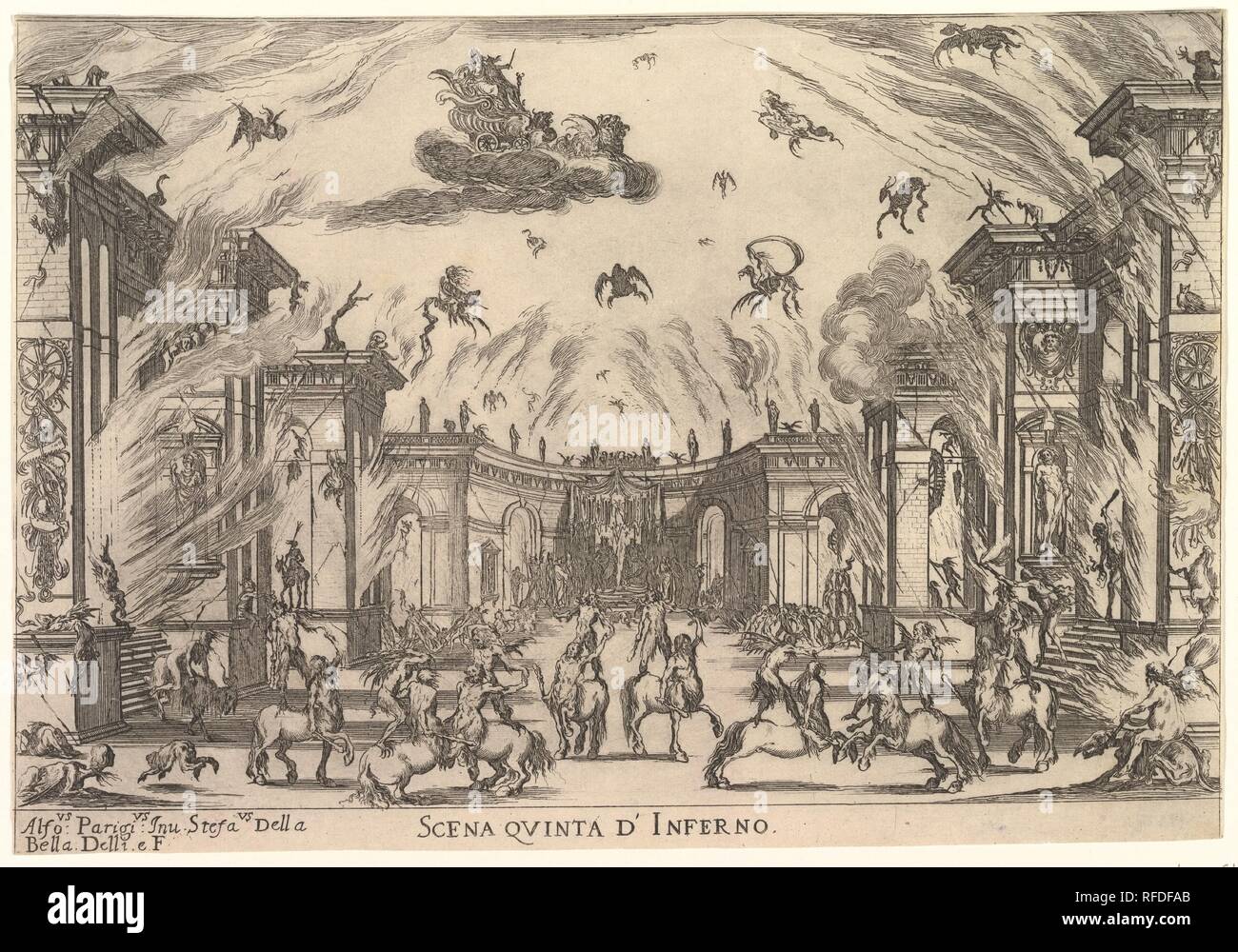 Fünfte Szene, das Inferno, aus "Die Ehe der Götter" (die Hochzeit degli Dei). Artist: Stefano Della Bella (Italienisch, Florenz 1610-1664 Florenz). Maße: Blatt: 7 15/16 x 11 1/2 in. (20,2 x 29,2 cm). Serie/Portfolio: "Die Ehe der Götter" (die Hochzeit degli Dei). Datum: 1637. Museum: Metropolitan Museum of Art, New York, USA. Stockfoto