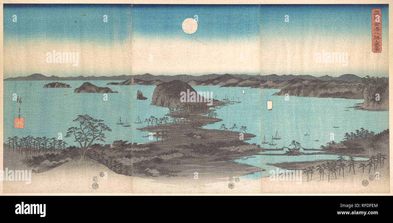 Panorama der Acht Ansichten von Kanasawa bei Vollmond. Artist: Utagawa Hiroshige (Japanisch, Tokyo (EDO) 1797-1858 Tokyo (EDO)). Kultur: Japan. Abmessungen: H. 14 5/8 in. (37,1 cm); W. 29 7/8 in. (75,9 cm). Datum: 1857. Museum: Metropolitan Museum of Art, New York, USA. Stockfoto