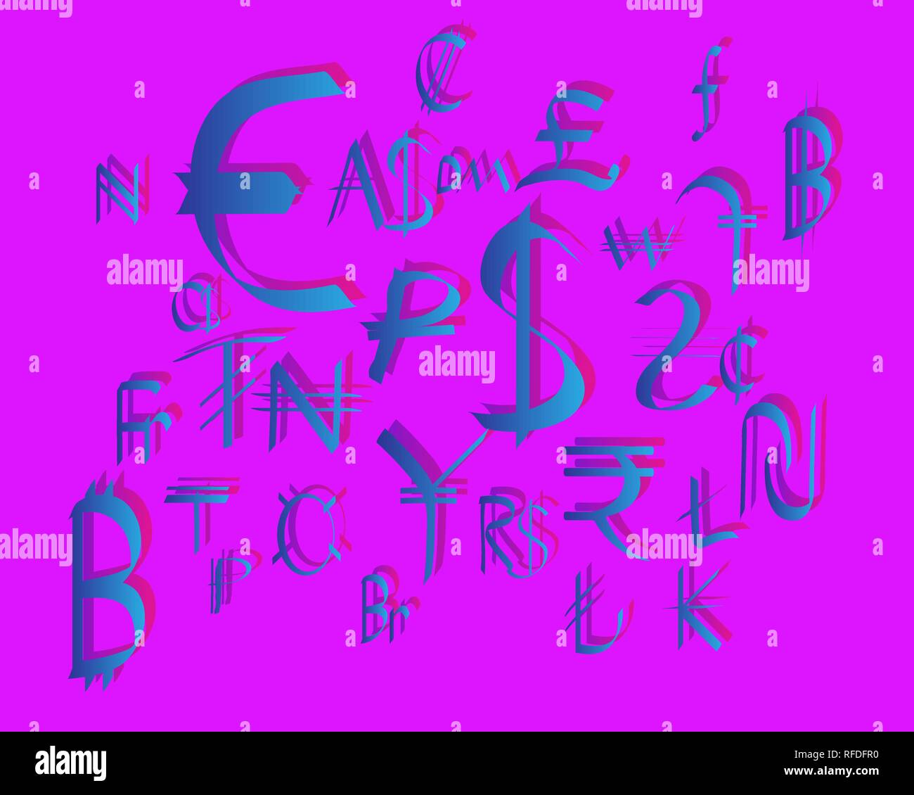 Hintergrund mit Währungen der Welt. Währungen im 3D-Stil auf einem rosa Hintergrund. Hand gezeichnet Währung. Vector Illustration. Stock Vektor