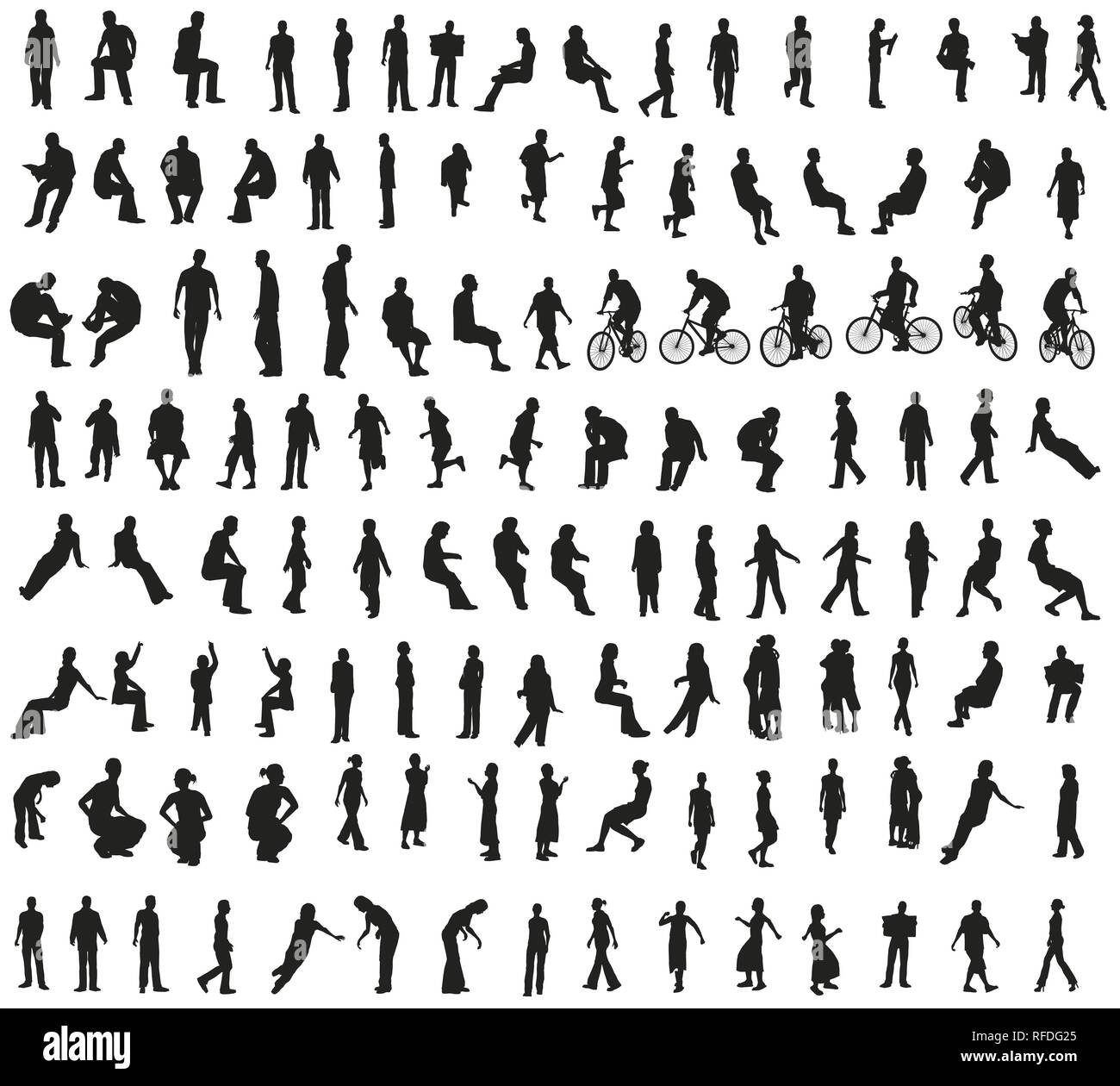 Set Mit Silhouetten Von Menschen In Unterschiedlichen Posen Und Situationen Menschen Stehen Laufen Sitzen Sport Spielen Fahrrad Fahren Tanzen Vector Illustration Stock Vektorgrafik Alamy