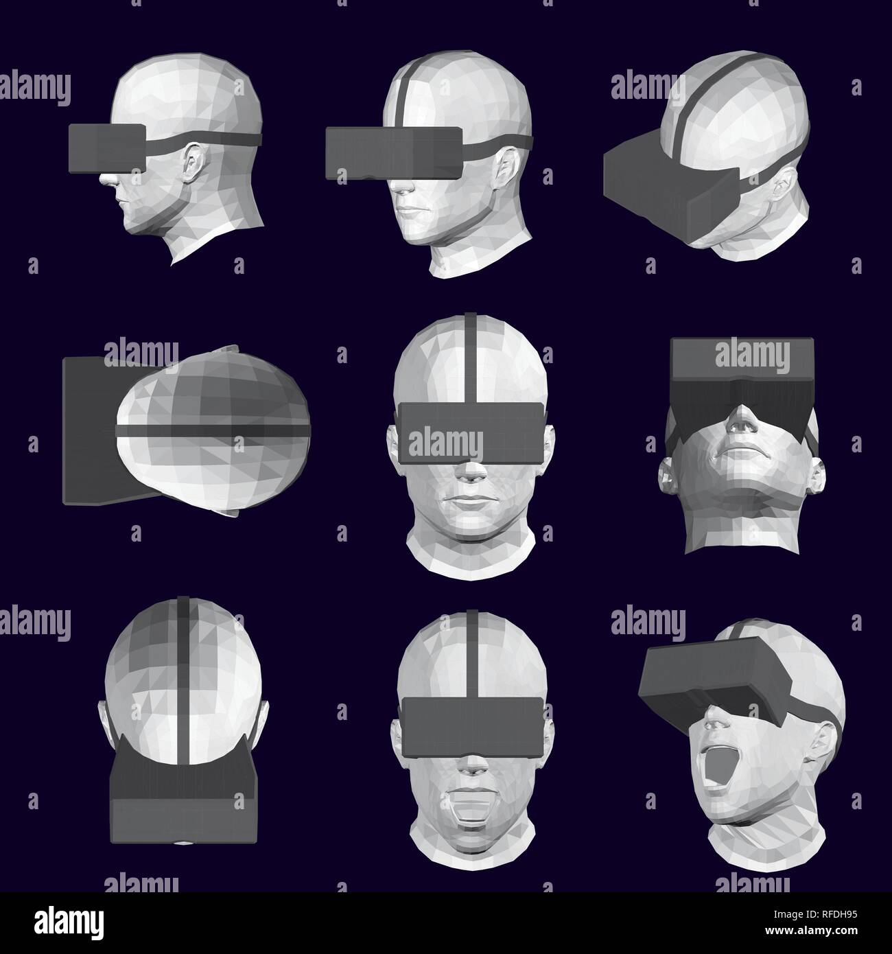 Satz mit den Köpfen in den Brillen der Virtuellen Realität. Vector Illustration von 9 männliche Köpfe aus verschiedenen Blickwinkeln mit der Brille der Virtuellen Realität. 3D-POLYGONALEN Stock Vektor