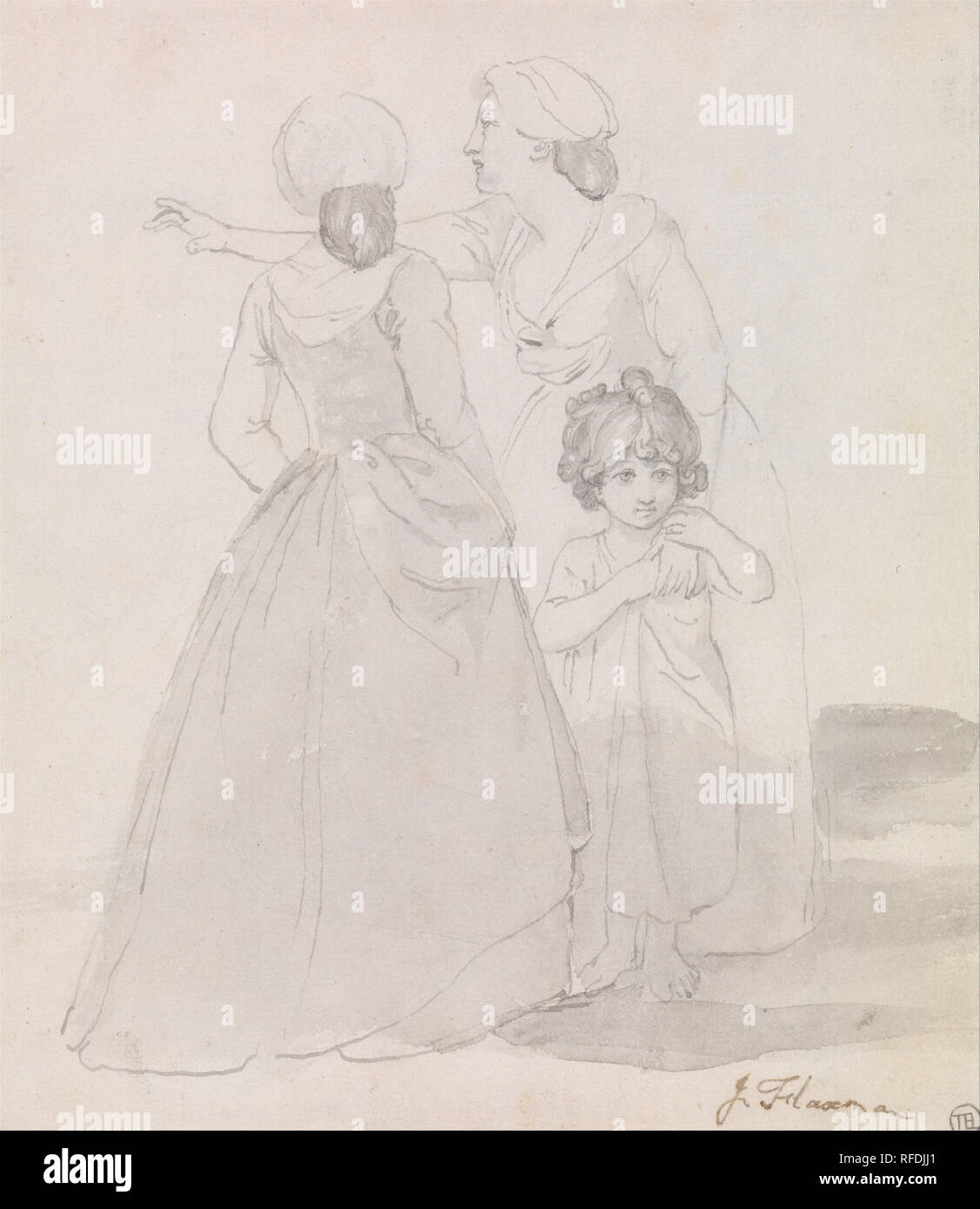 Zwei Frauen und ein Kind. Zeichnung. Graue Tinte mit Graphit und grau Waschen auf Medium, leicht strukturierte, cremefarbenen Papier gelegt. Höhe: 210 mm (8.26 in); Breite: 181 mm (7.12 in). Autor: John FLAXMAN. Stockfoto