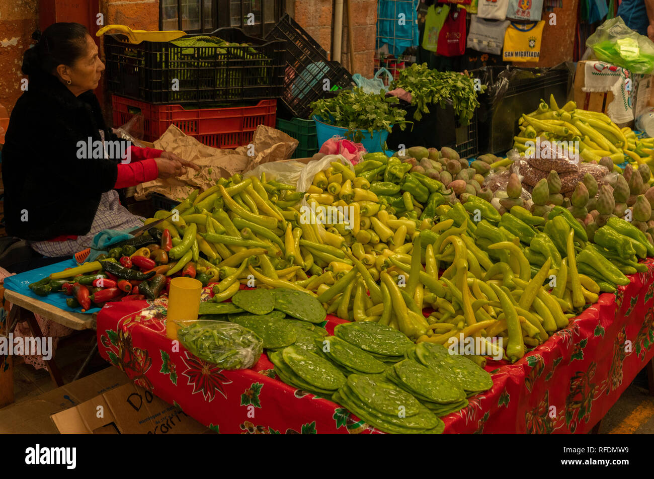 Obst und Gemüse ausgeht, spezialisiert auf Prickly Pear Früchte und Blätter; Markt, San Miguel de Allende, Mexiko. Stockfoto