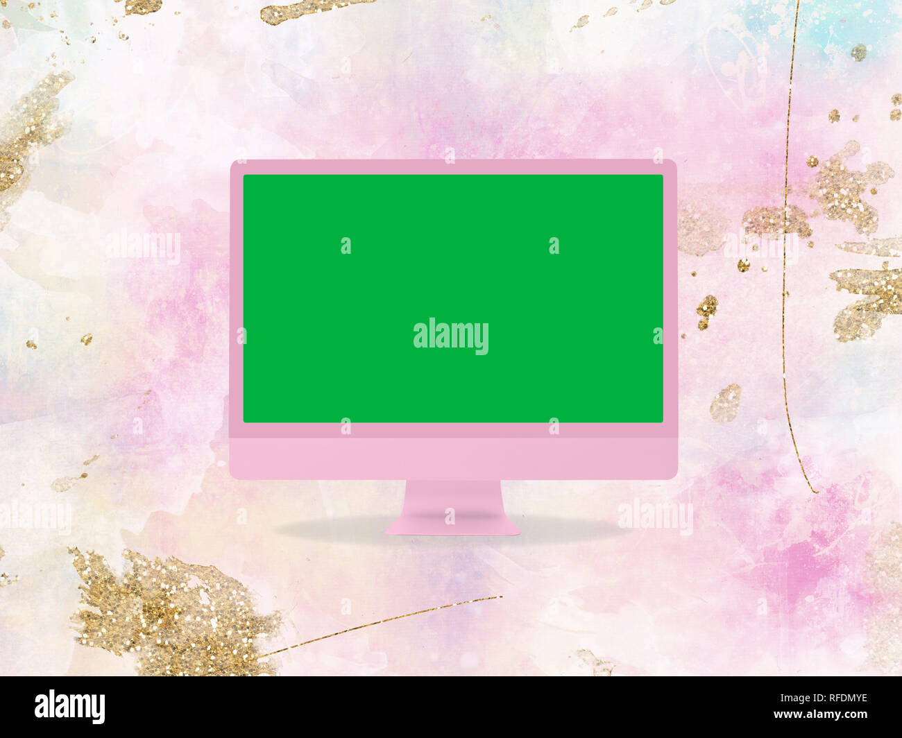 Die rosa computer monitor mockup Vorlage mit Green Screen für Video Produktion Stockfoto