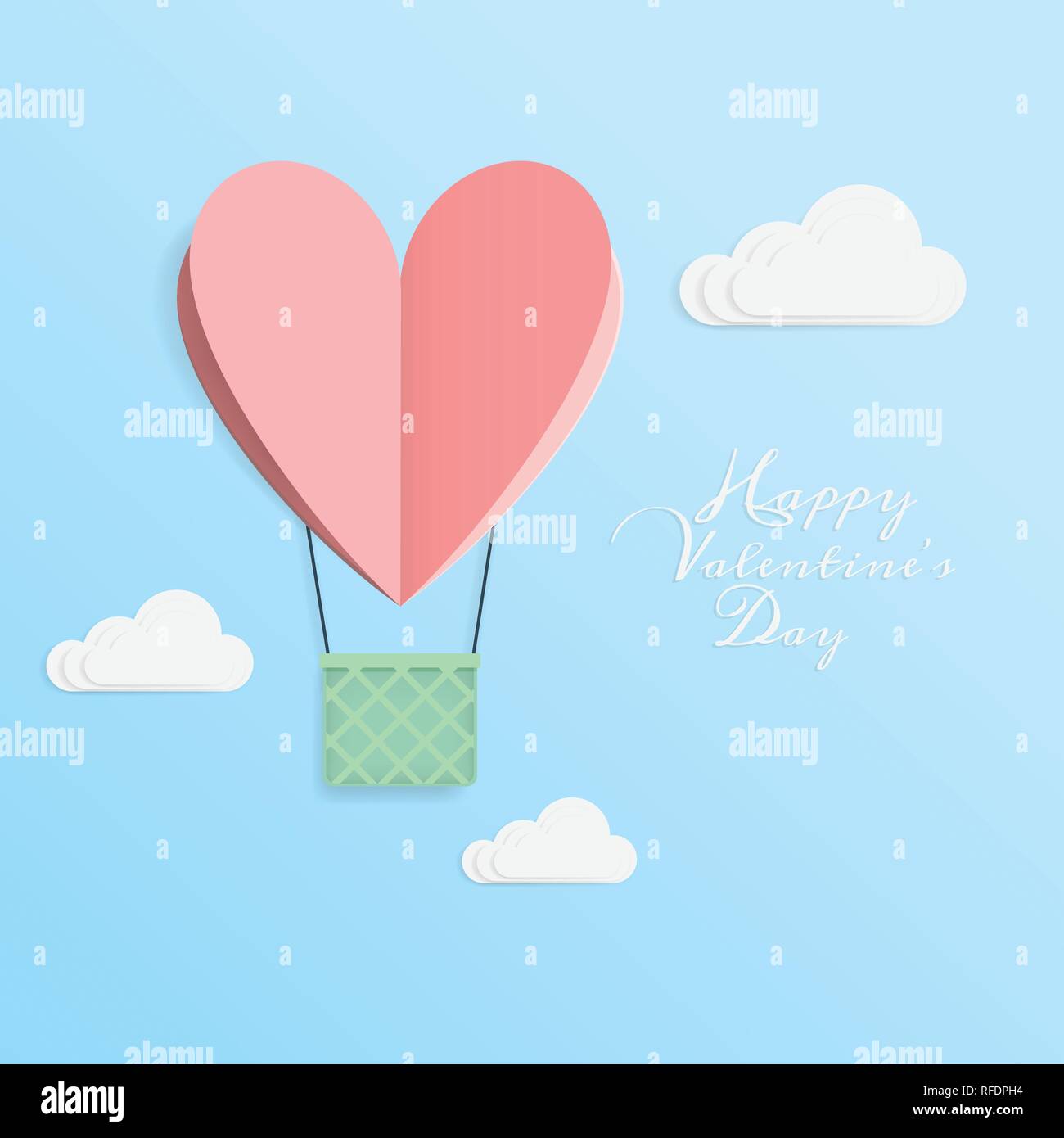 Der Vektor der Liebe und Happy Valentine's Day. origami design elemente Papier schneiden Heißluftballon in Herzform mit Korb bis an den Himmel mit fliegenden Stock Vektor