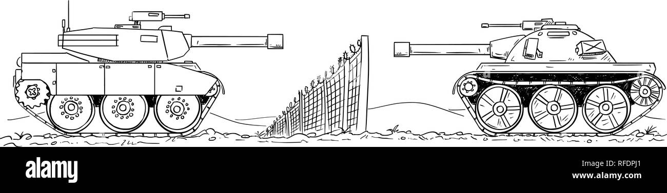 Cartoon Zeichnung von Zwei feindliche Panzer Verteidigen auf Grenze Stock Vektor