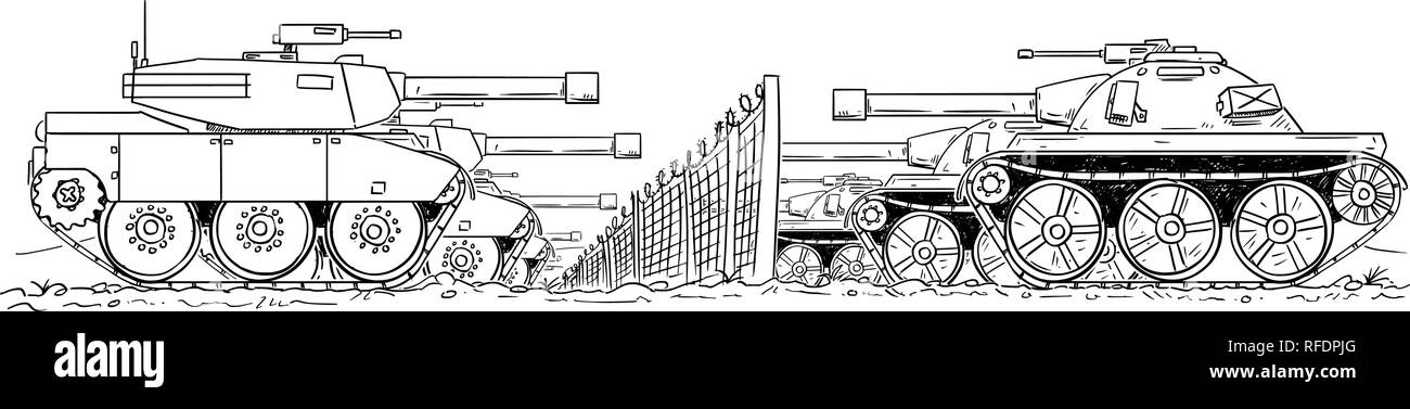 Cartoon Zeichnung der Gruppe von feindlichen Panzern Verteidigen auf Grenze Stock Vektor