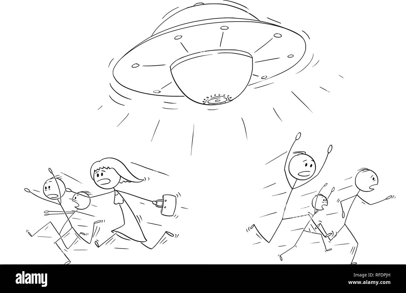 Cartoon Zeichnung der Masse von Menschen in Panik aus UFO oder fremdes Schiff Stock Vektor