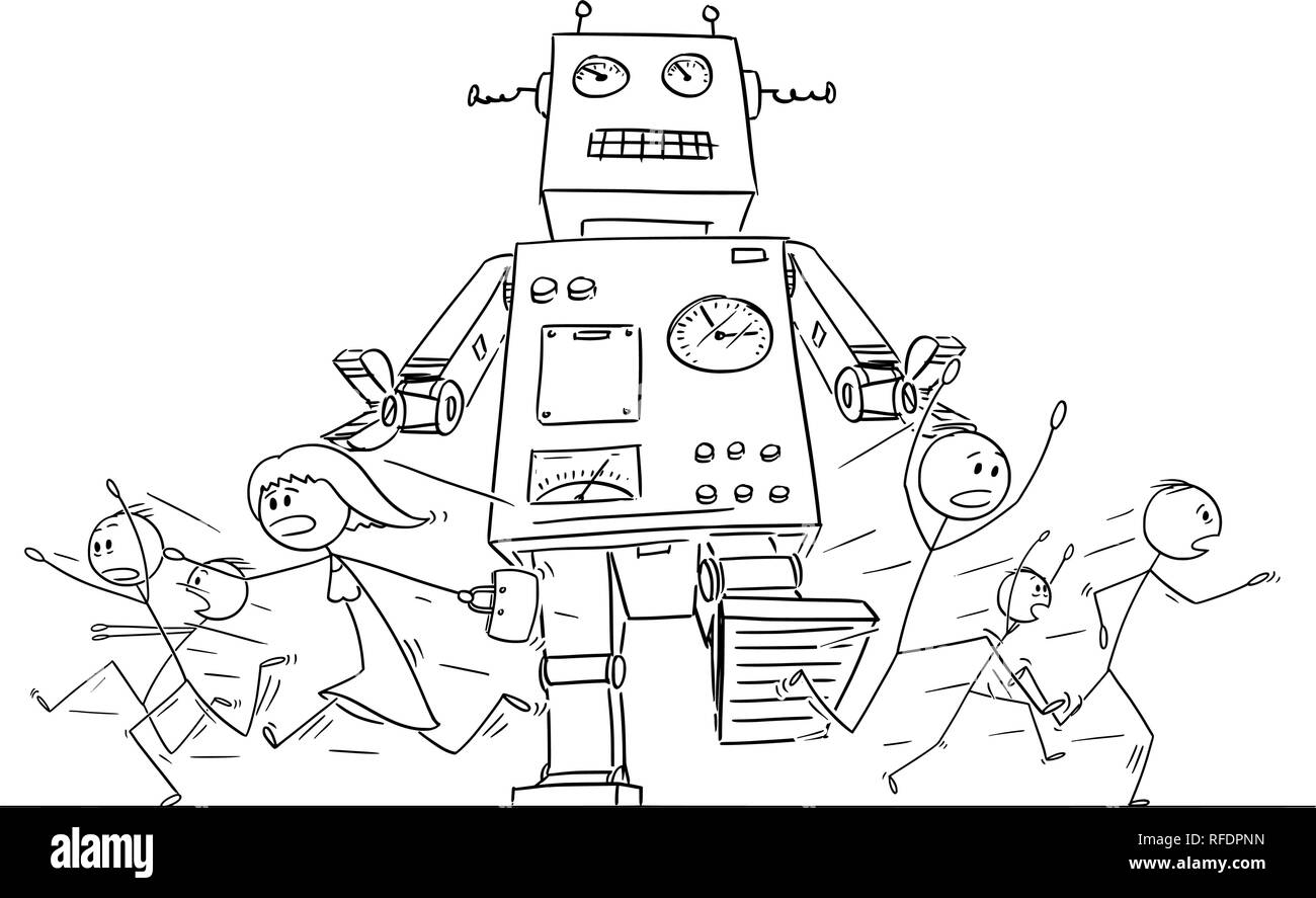 Cartoon Zeichnung der Masse von Menschen in Panik Weg von riesigen Retro Roboter läuft Stock Vektor