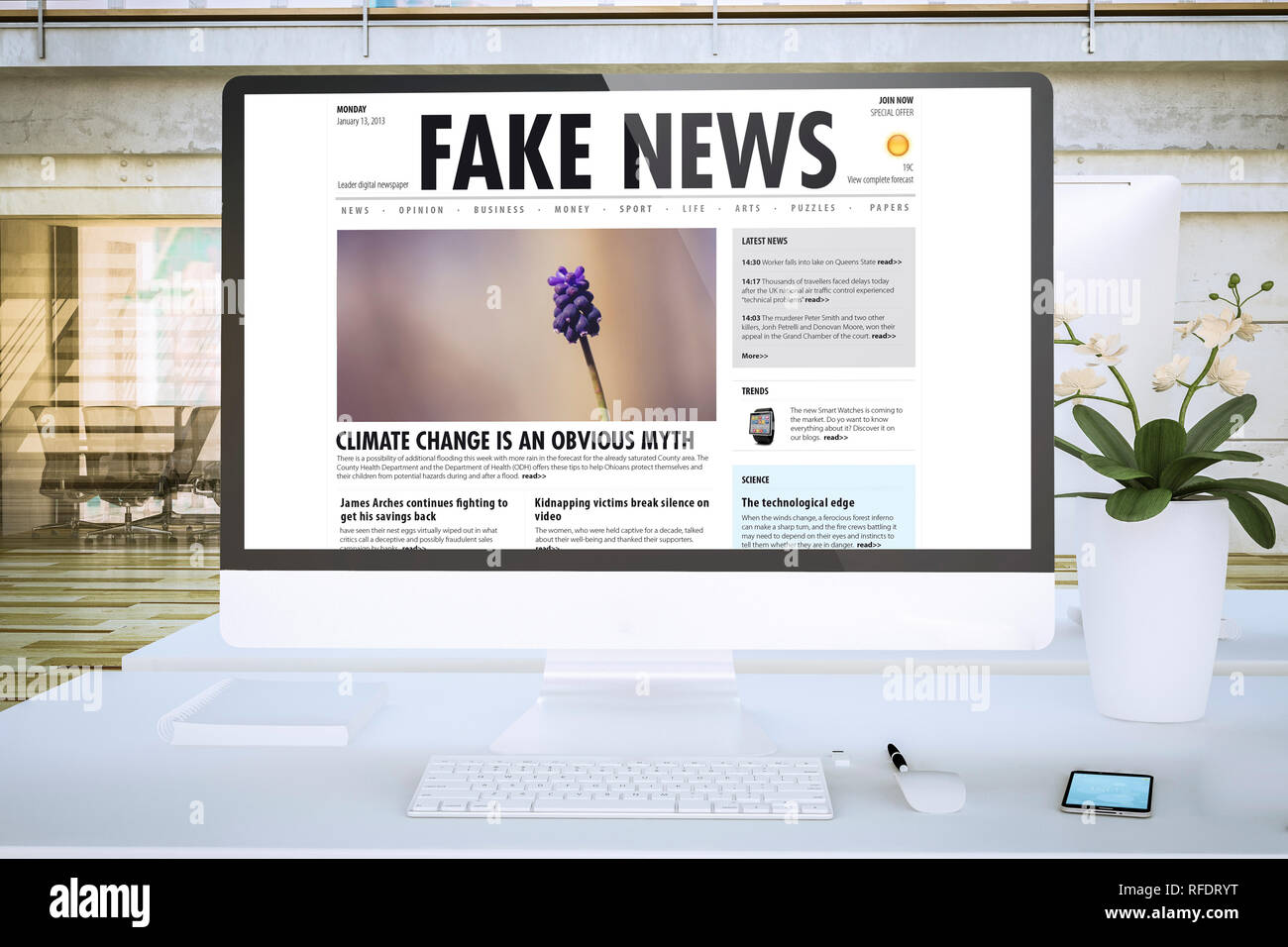 Gefälschte Nachrichten Computer im Büro mockup 3D-Rendering Stockfoto