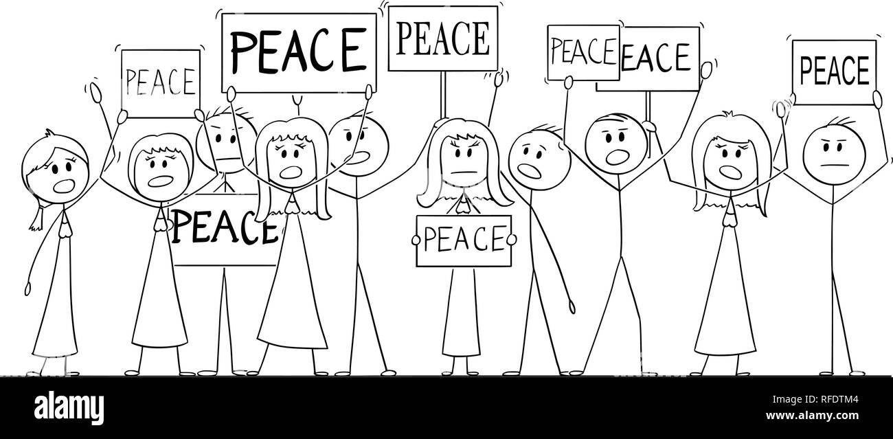 Cartoon Zeichnung der Gruppe von Menschen, die mit dem Frieden Text auf Zeichen Stock Vektor