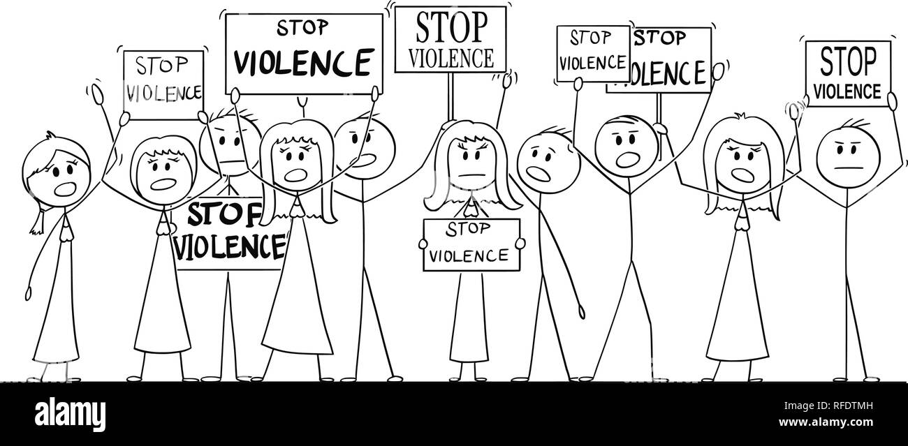Cartoon Zeichnung der Gruppe von Menschen, die mit Gewalt stoppen Zeichen Stock Vektor