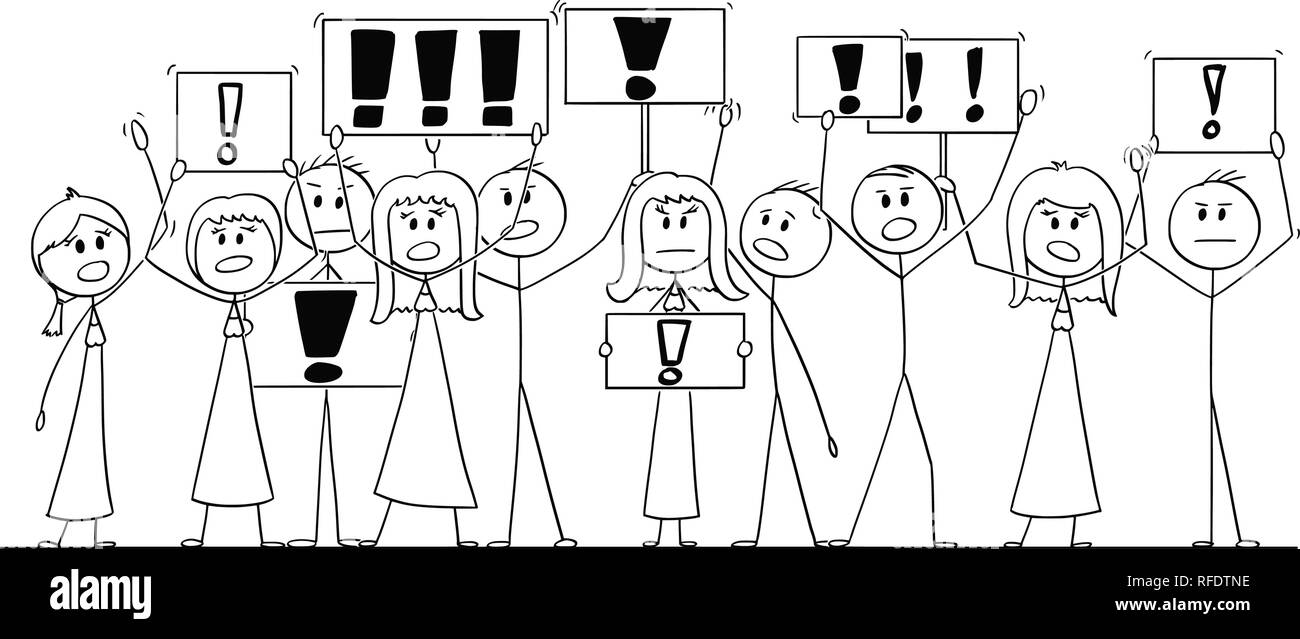 Cartoon Zeichnung der Gruppe von Menschen, die protestieren Mit Ausrufezeichen auf Zeichen Stock Vektor