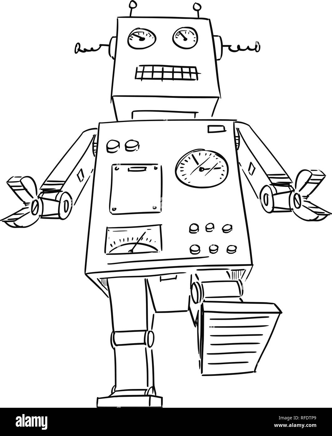 Cartoon Zeichnen von großen oder riesige Retro Roboter zu Fuß Stock Vektor