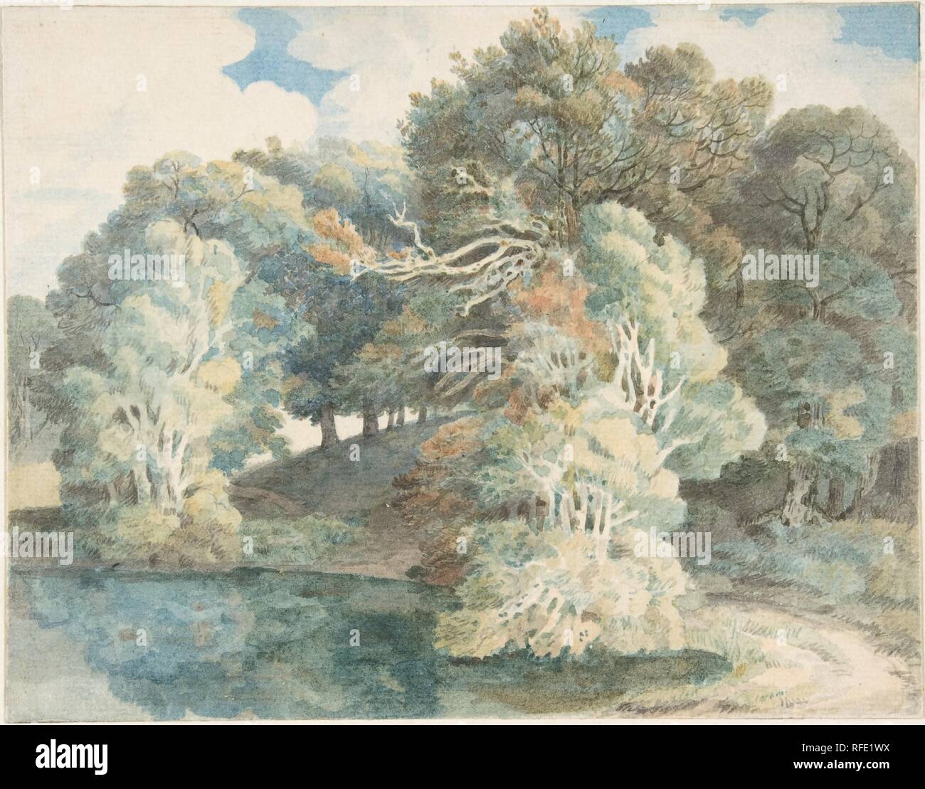 Bäume am See, Peamore Park, in der Nähe von Exeter, Devon. Artist: Francis Towne (Britisch, Isleworth, Middlesex 1739-1816 Exeter). Maße: Blatt: 5 11/16 x 7 1/2 in. (14,5 x 19 cm). Datum: 1790-1810. Towne oft schematisch in Peamore Park, dem Nachlass des Hippesley Coxe Familie in der Nähe von seinem Haus in Exeter. Dieses Aquarell wird durch blaue und grüne wäscht mit wärmeren Brauntönen erhöhte unterschieden. In früheren Arbeiten, Towne in der Regel Feder und Tinte verwendet zu skizzieren und zeichnen Formen, sondern, dass die Praxis hier beiseite und erstellt eine starke Zusammensetzung nur mit fein modulierten Aquarell; er vermittelt üppige Stockfoto