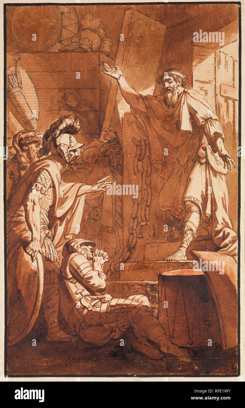 Bote an der Tür eines Wachhaus. Künstler: Philippe Louis Parizeau (Französisch, Paris 1740-1801 Paris). Abmessungen: 14 3/4 x 9 1/8 in. (37,4 x 23,2 cm). Datum: 1786. Museum: Metropolitan Museum of Art, New York, USA. Stockfoto