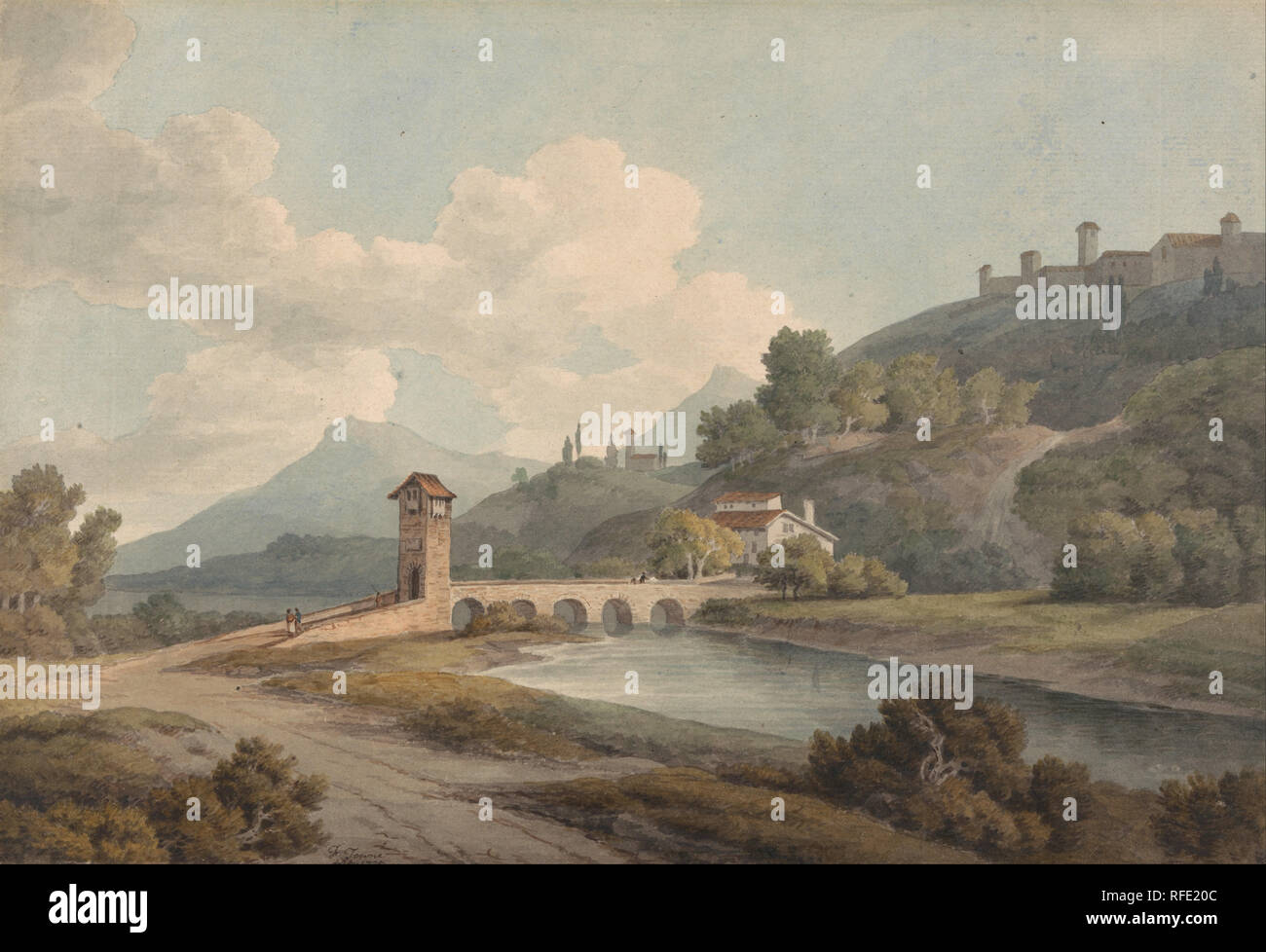Die moderne Brücke von Narni. Datum/Zeitraum: 1795. Zeichnung. Aquarell und brauner Tinte über Graphit auf Medium leicht strukturierten, cremefarbenen Papier gelegt. Höhe: 210 mm (8.26 in); Breite: 298 mm (11.73 in). Autor: Francis Towne. Stockfoto