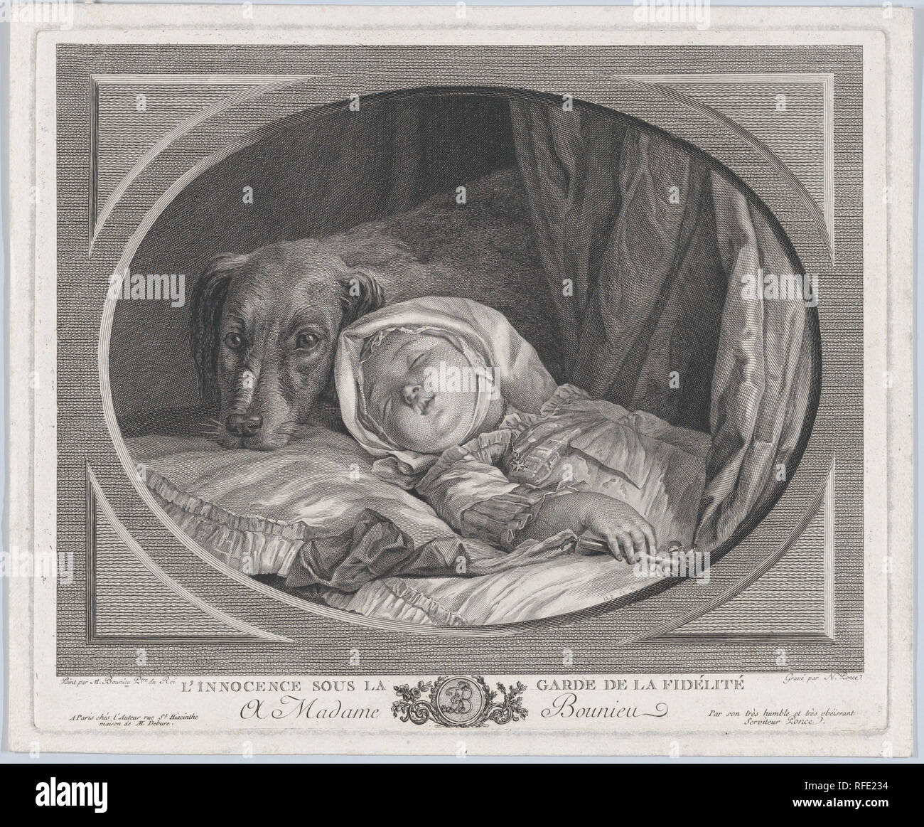 Unschuld Bewacht durch die Treue. Artist: Nach Michel Honoré Bounieu (Französisch, 1740-1815 Paris); Nicolas Ponce (Französisch, Paris, 1746-1831). Maße: Blatt: 10 7/16 × 12 11/16 in. (26,5 × 32,2 cm) Platte: 9 3/4 × 11 15/16 in. (24,8 × 30,4 cm). Datum: 1761-1831. Museum: Metropolitan Museum of Art, New York, USA. Stockfoto