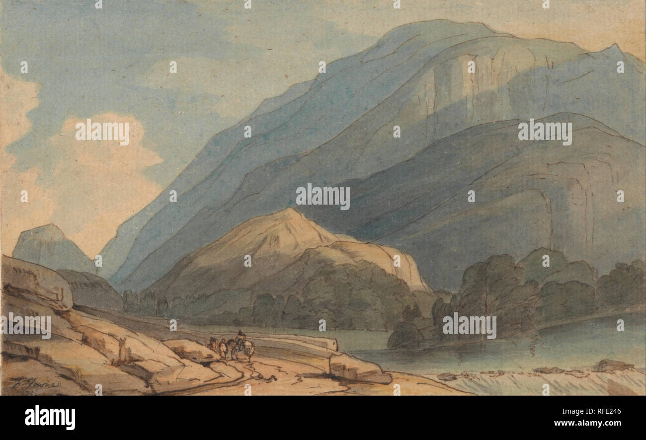 Der Eingang in die borrowdale. Zeichnung. Aquarell und brauner Tinte über Graphit auf Medium leicht strukturierte beige Bütten. Höhe: 184 mm (7.24 in); Breite: 241 mm (9.48 in). Autor: Francis Towne. Stockfoto