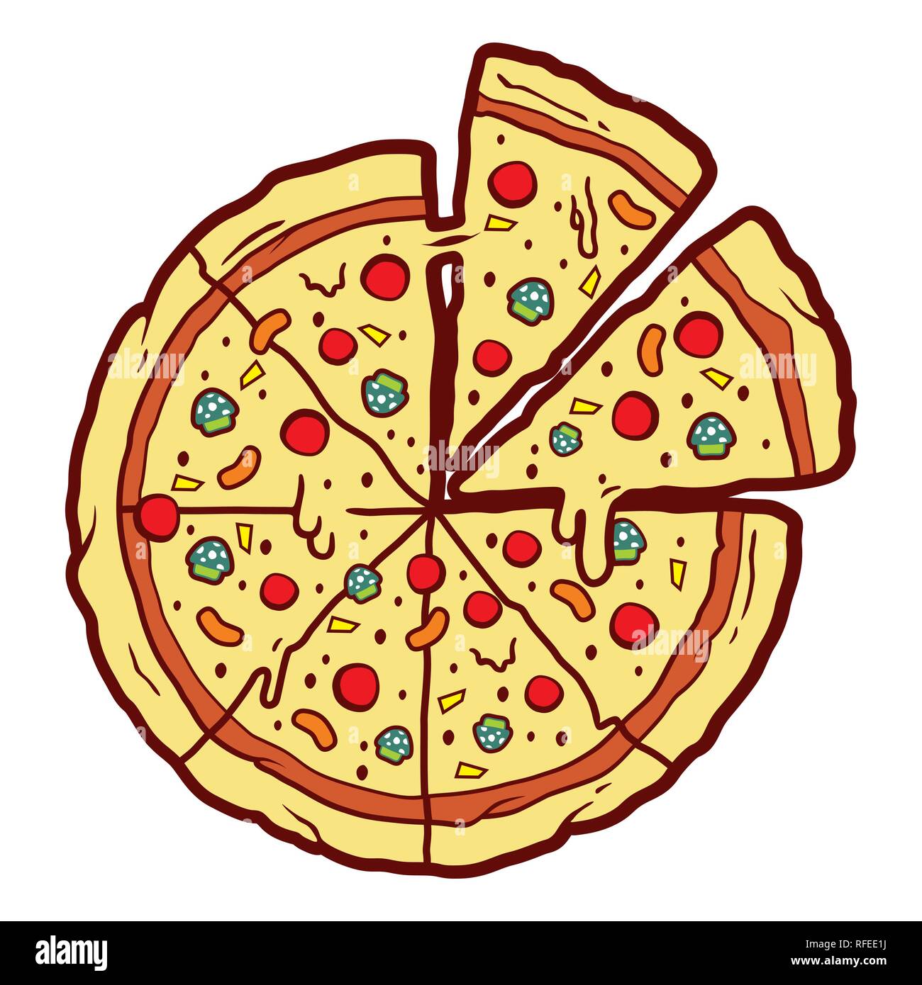 Pizza Cartoon Illustration Vektor mit geschmolzenem Mozarella Käse, Pilze, Würstchen nachfüllen. Stock Vektor