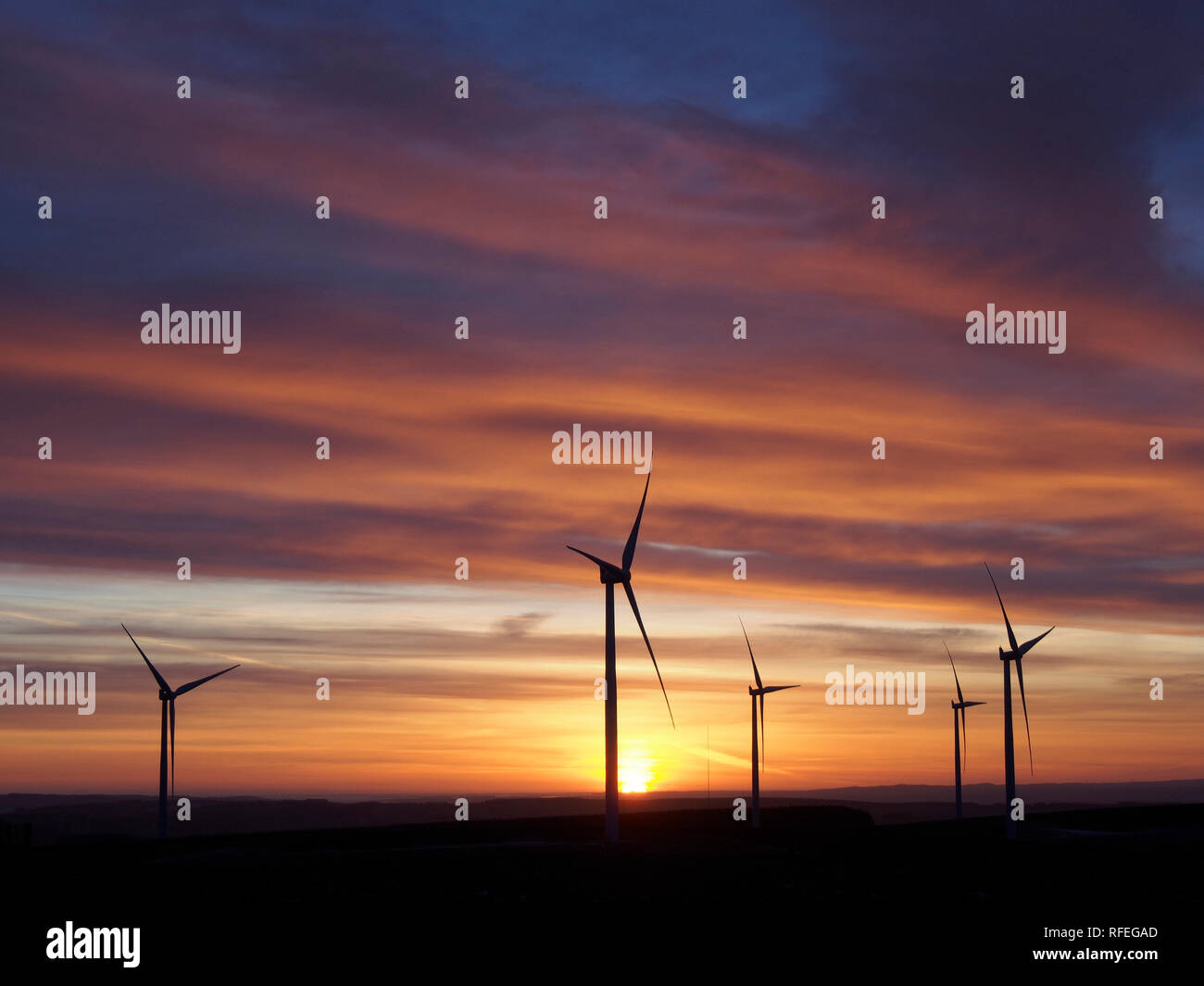 Windpark in der Morgendämmerung, Monynut Kante, Lammermuir Hills in der Nähe von Dunbar, Schottland Stockfoto