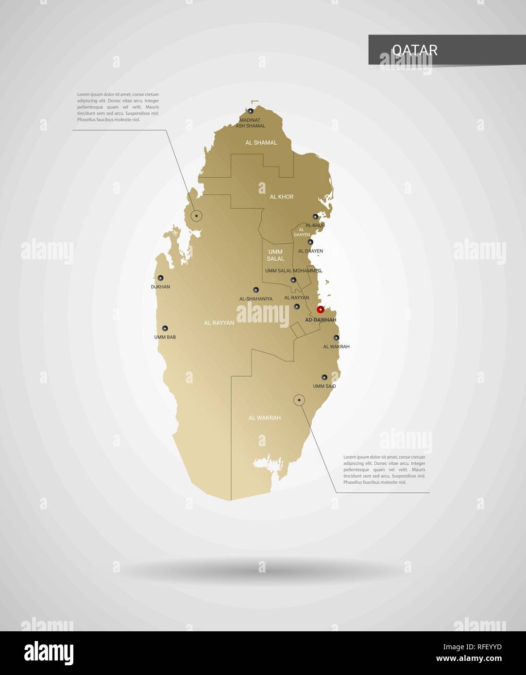 Stylized vector Katar map. Infografik 3d Gold Karte Abbildung mit Städten, Ländergrenzen, Kapital, administrative divisions und Zeiger markiert, Schatten, Gr Stock Vektor