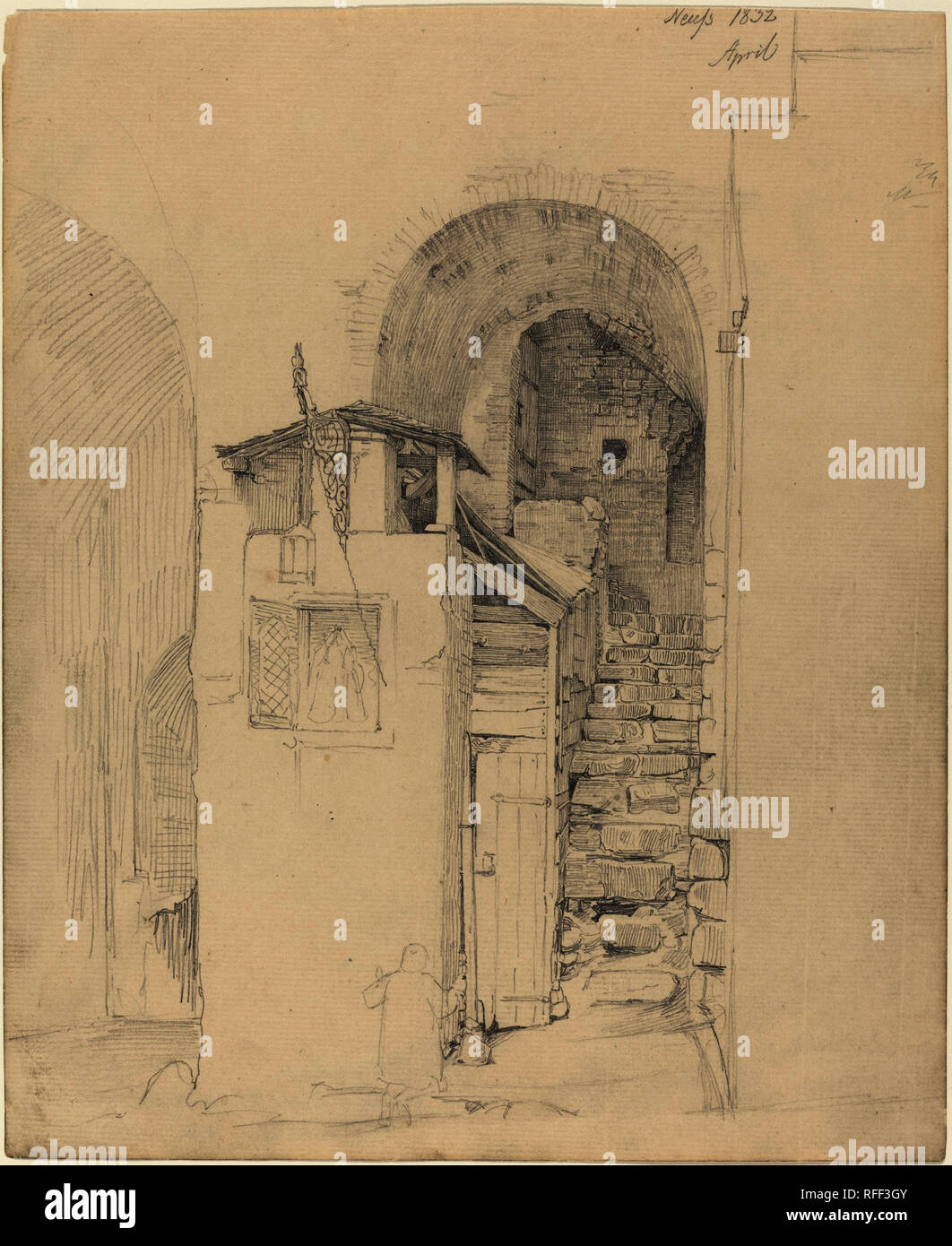 Ruiniert Treppen in Neuss. Stand: 1832. Maße: gesamt: 29,5 x 24,2 cm (11 5/8 x 9 1/2 in.). Medium: Graphit auf Bütten. Museum: Nationalgalerie, Washington DC. Autor: Johann Wilhelm Schirmer. Stockfoto