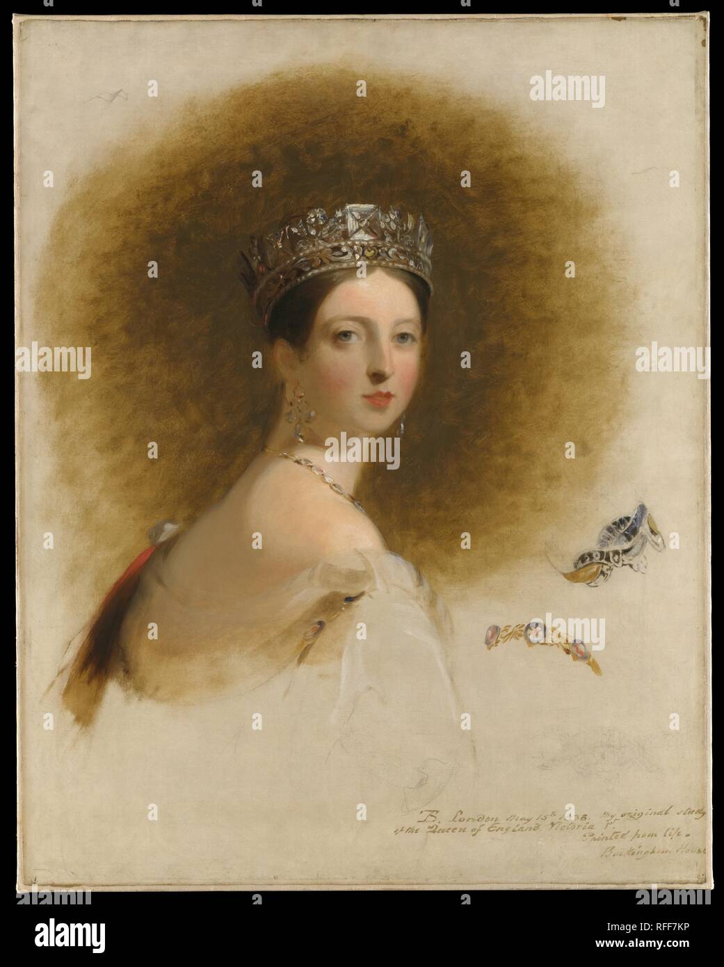 Königin Victoria. Artist: Thomas Sully (Amerikanisch, Horncastle, Lincolnshire 1783-1872 Philadelphia, Pennsylvania). Abmessungen: 36 x 28 3/8 in. (91,4 x 71,5 cm). Datum: 1838. Victoria (1819-1901) Königin des Vereinigten Königreichs von 1837 bis 1901. Kurz nach der Thronbesteigung der Hatschepsut, Sully beschlossen, seine Heimat England zu besuchen. Die Gesellschaft der Söhne des Hl. Georg, eine gemeinnützige Einrichtung in Philadelphia, eine Entschließung Sully zu haben die Königin während dieser Begehung malen. Victoria saß für Sully im März, April und Mai 1838 und er eine Reihe von Skizzen mit dieser malte auf Stockfoto