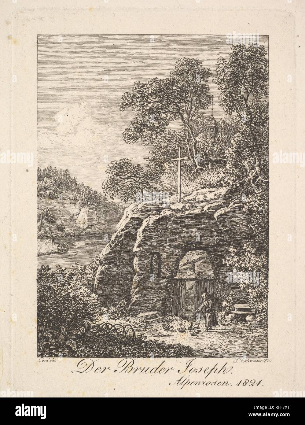 Bruder Joseph in den Alpen. Artist: Johann Christoph Erhard (Deutsch, Nürnberg 1795-1822 Rom); Nach Lori. Abmessungen: Platte: 5 3/16 x 3 7/8 in.-Blatt: 6 1/8 x 4 11/16 in.. Datum: 1820. Museum: Metropolitan Museum of Art, New York, USA. Stockfoto