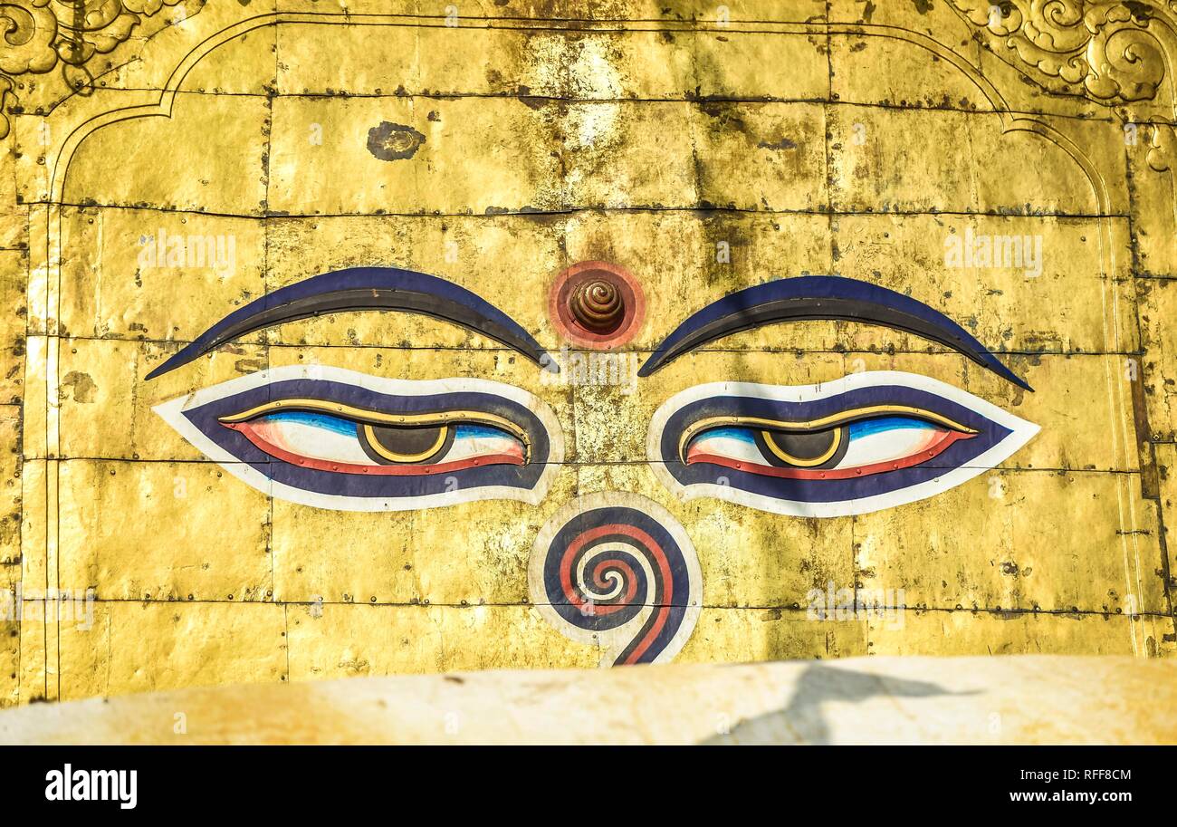 Die Augen des Buddha auf Stupa, Monkey Tempel Swayambhunath, Kathmandu,  Nepal Stockfotografie - Alamy