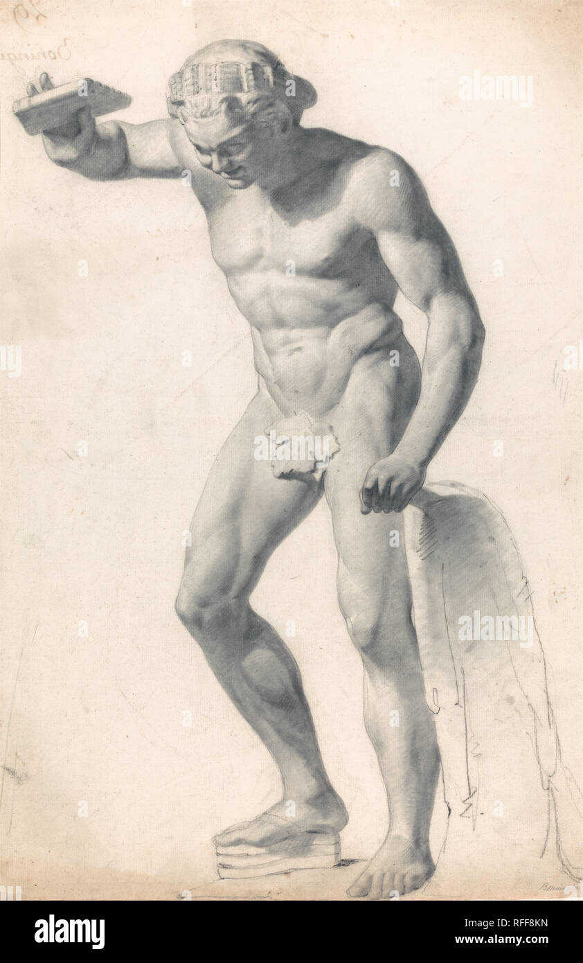 Ein Faun mit Rohren. Zeichnung. Schwarze Kreide auf Medium, Sahne, mäßig strukturierten Bütten. Höhe: 584 mm (22.99 in); Breite: 381 mm (15 in.). Autor: Richard Parkes Bonington. Stockfoto