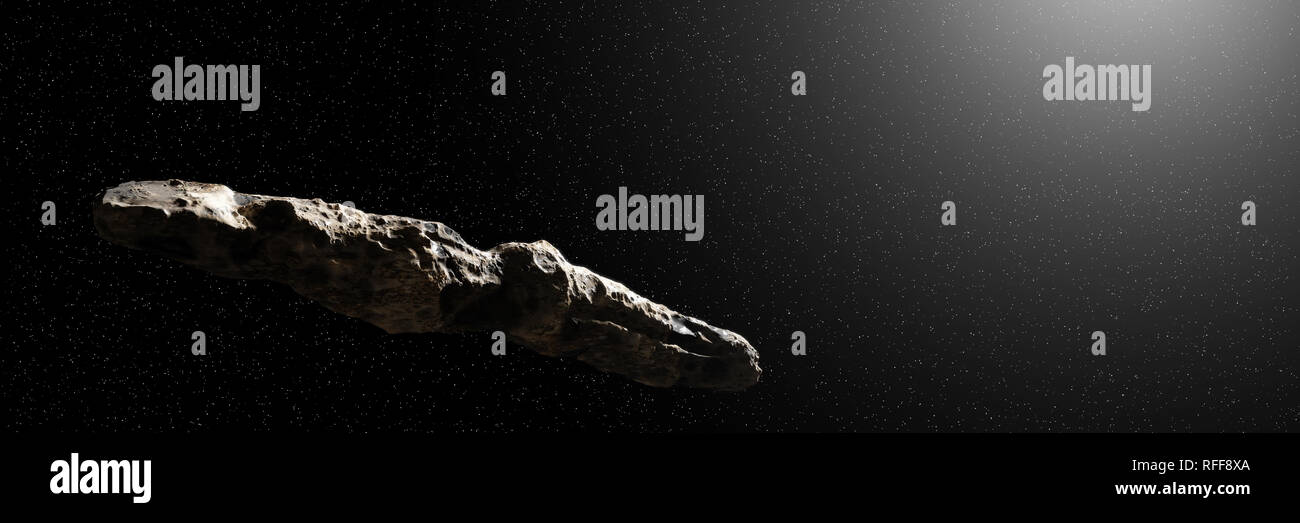 Oumuamua Kometen, interstellaren Objekt durch das Sonnensystem, ungewöhnlich geformten Asteroiden (3D-rendering Banner) Stockfoto