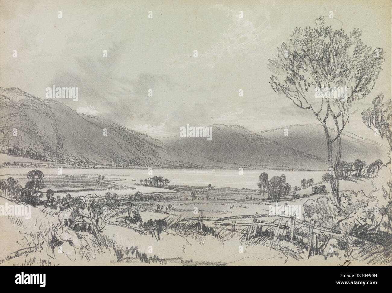 Bassenthwaite. Datum/Zeitraum: 1836. Landschaft. Graphit, reibt auf mäßig dick, mäßig strukturierte, grau webte Papier. Höhe: 173 mm (6,81 in); Breite: 257 mm (10.11 in). Autor: Edward Lear. Stockfoto