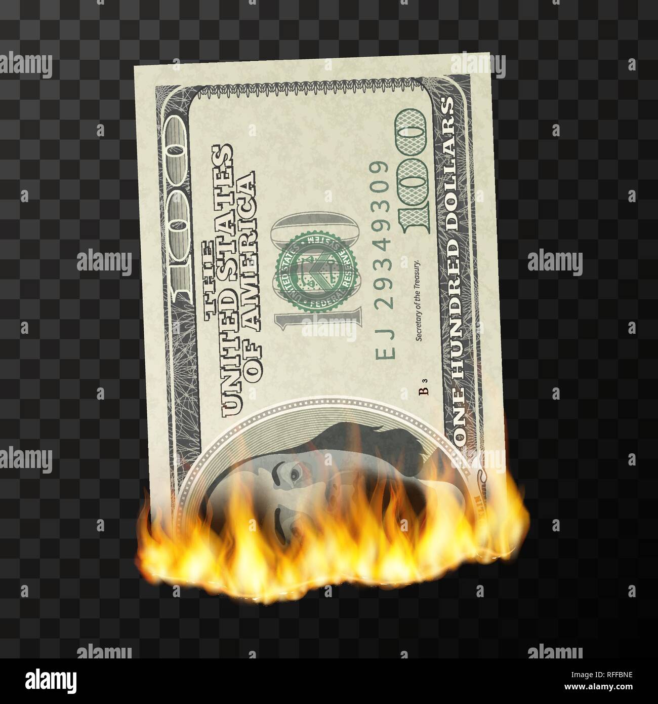 Brennende dummy von Hundert USA Dollar Banknote in zwei Stücke mit Feuer flammen gerissen Stock Vektor