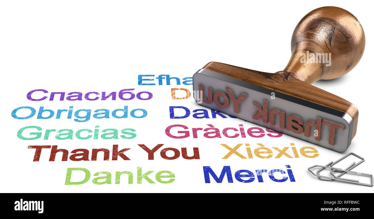 3D-Darstellung eines Stempels mit vielen Dank Nachricht in mehreren Sprachen geschrieben. Mehrsprachige Kommunikation Konzept Stockfoto