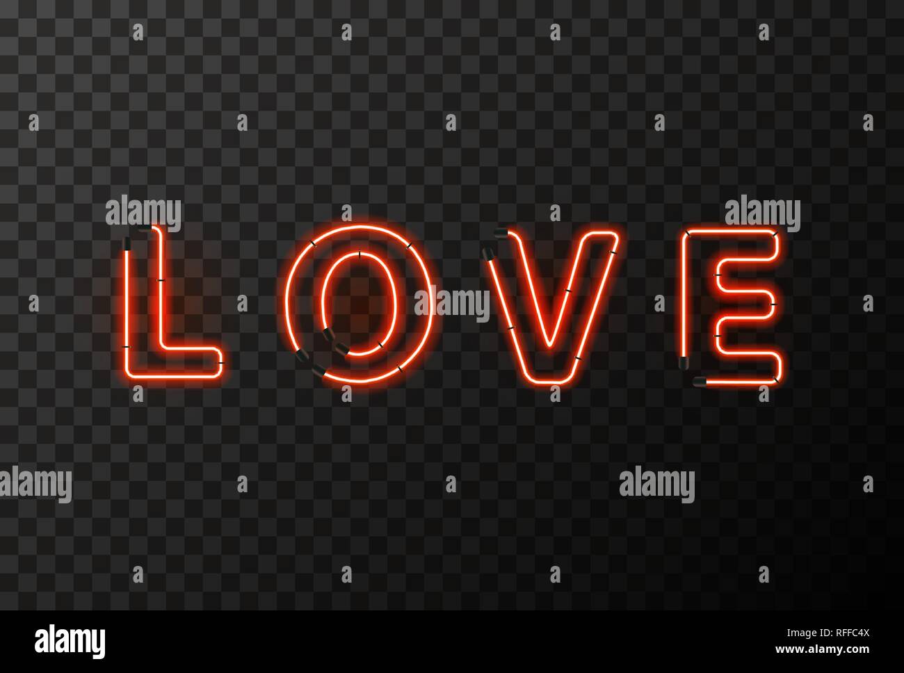 Liebe Wort aus hellen roten Neon Buchstaben auf transparentem Hintergrund Stock Vektor