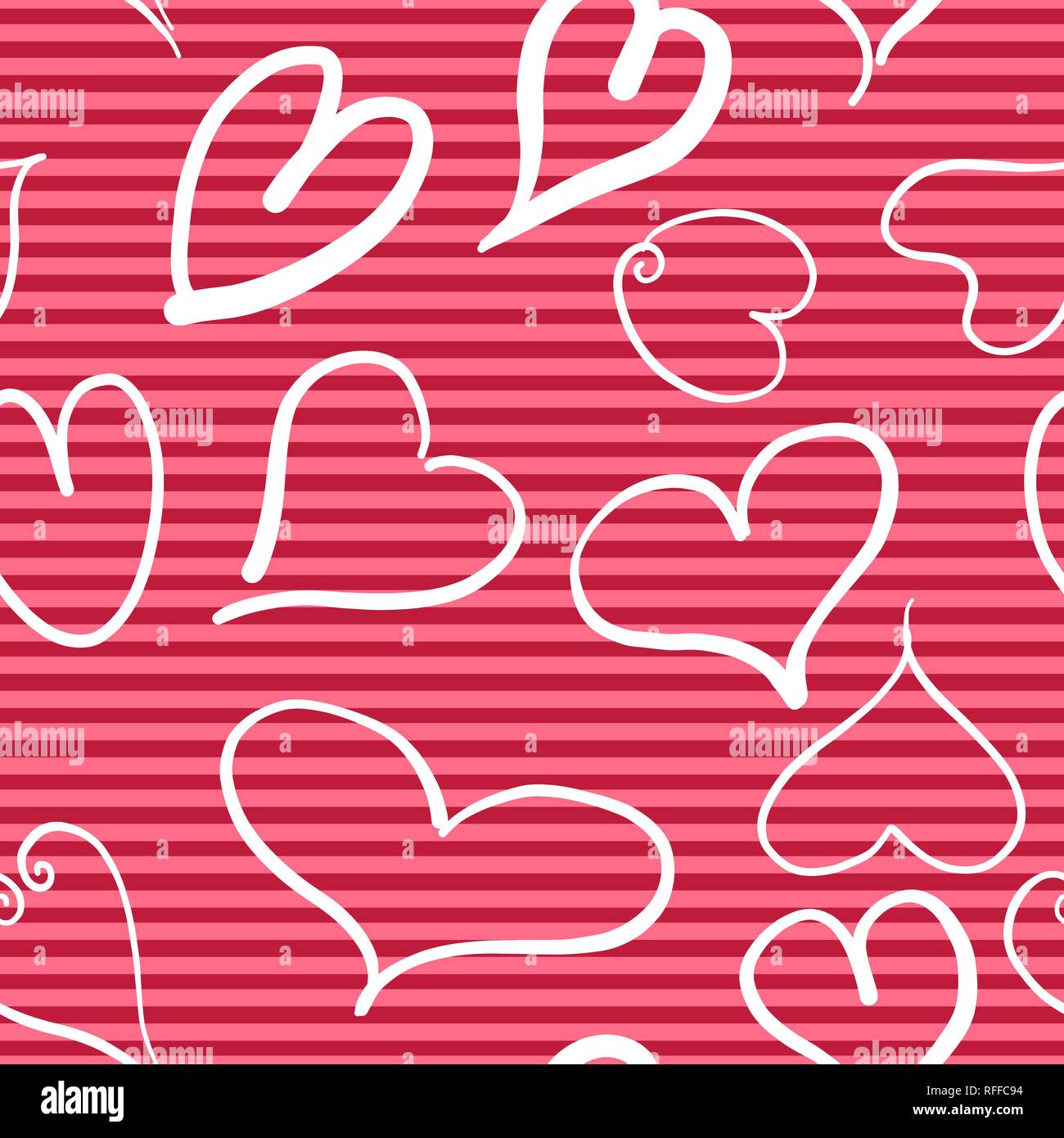 Zusammenfassung nahtlose Muster mit Herzen und rot gestreiften Hintergrund. Valentine Herzen mit der Hand zeichnet. Vector Illustration Stock Vektor