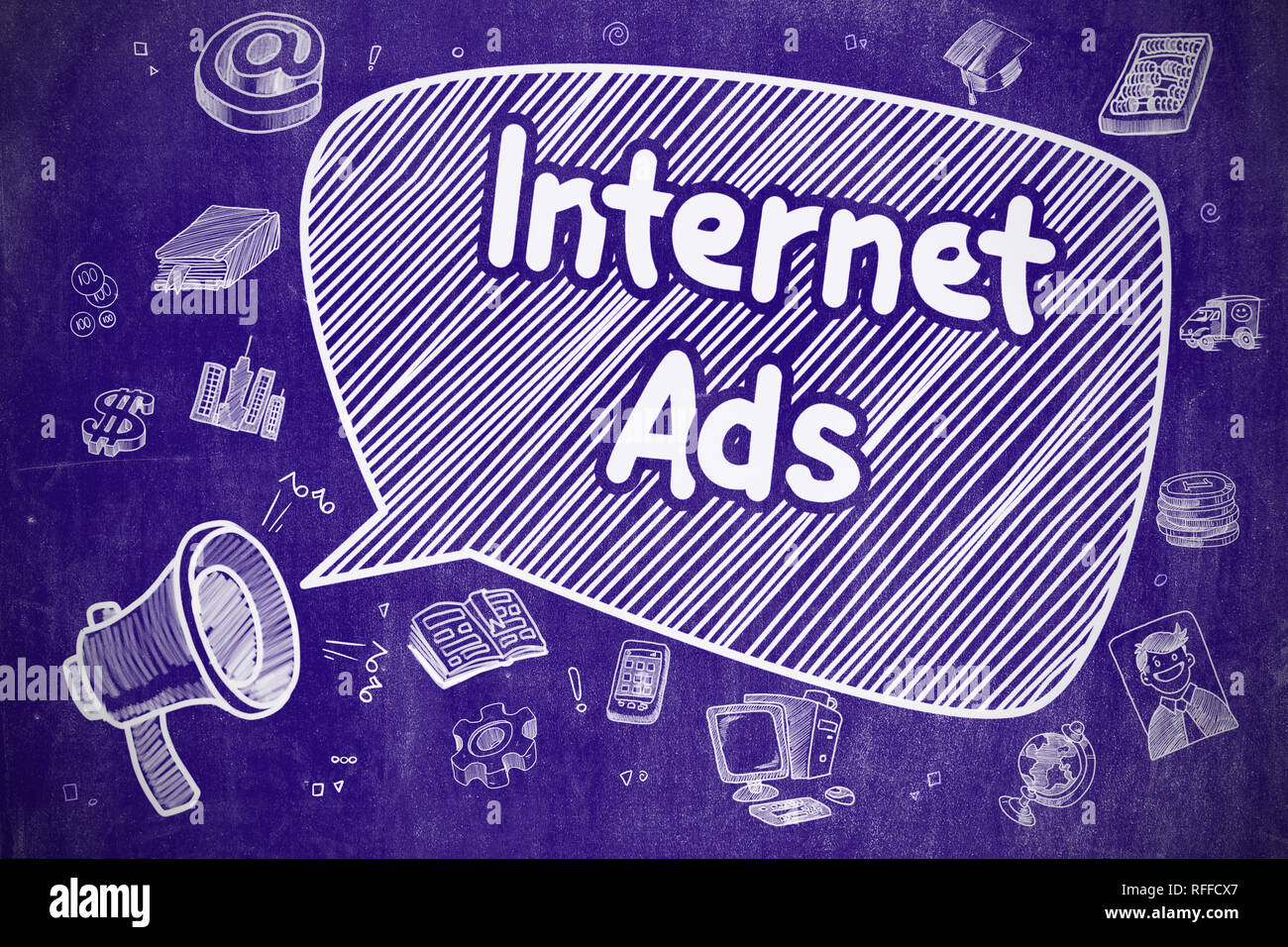 Internet ADS-Hand gezeichnet Abbildung auf der blauen Tafel. Stockfoto