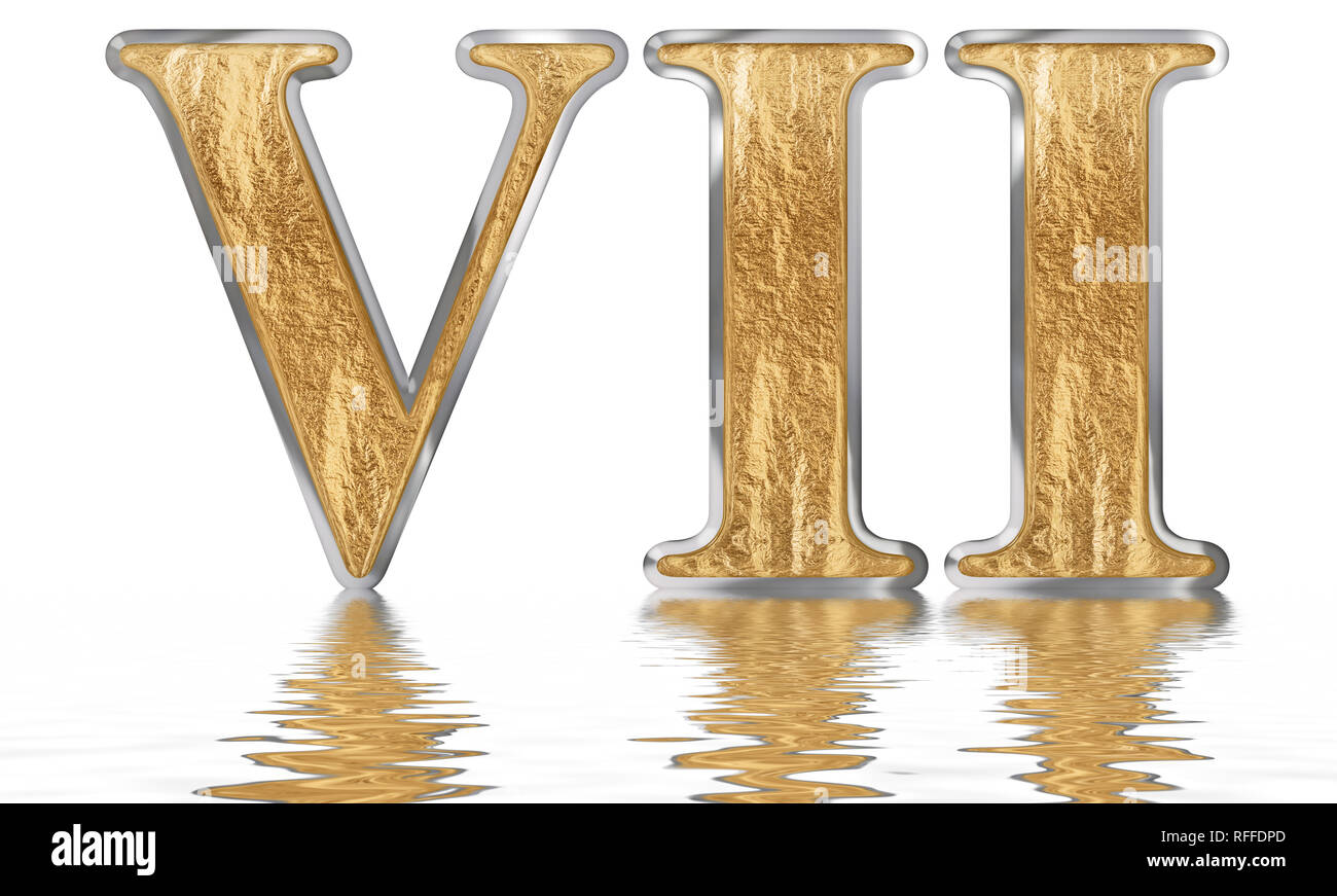 Ziffer 7, sieben, im Wasser spiegeln Oberfläche, isoliert auf weiß, 3d Rendern Stockfoto