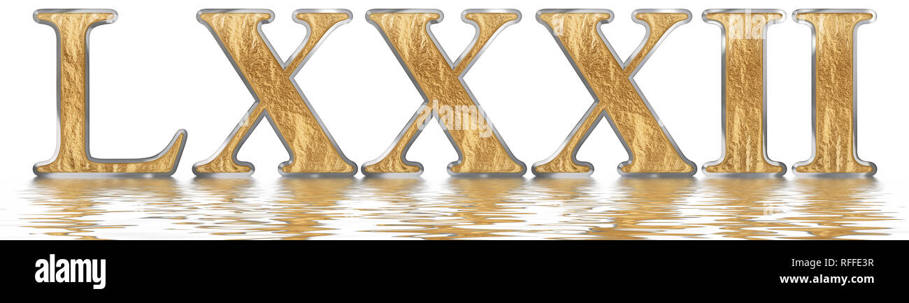 Ziffer 82, 82, spiegelt sich auf der Wasseroberfläche, isoliert auf weiss, 3d Render Stockfoto