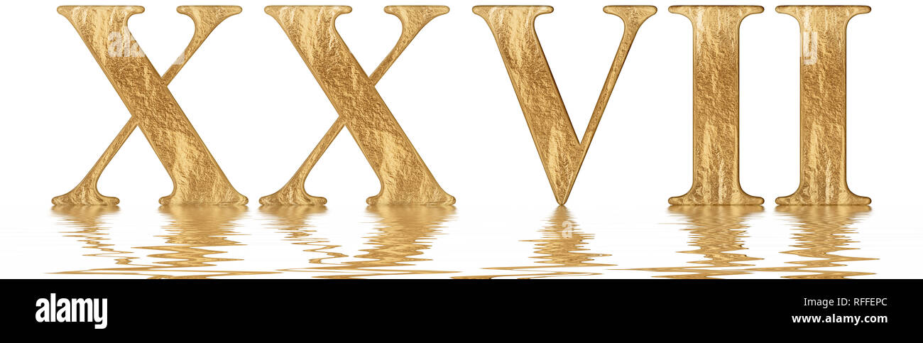 Römische Zahl XXVII, Septem et Viginti, 27, 27, spiegelt sich auf der  Wasseroberfläche, isoliert auf weiss, 3d Render Stockfotografie - Alamy