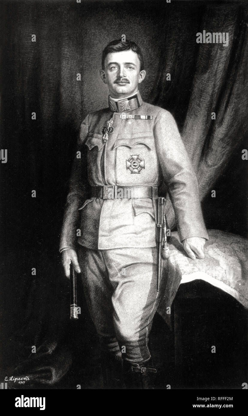 Karl I. oder Karl I. (Karl Franz Josef Ludwig Hubert Georg Otto Maria) (17. August 1887 – 1. April 1922) war Kaiser von Österreich, König von Ungarn, König von Kroatien, König von Böhmen und der letzte der Herrscher des Hauses Habsburg-Lothringen über Österreich-Ungarn. Stockfoto