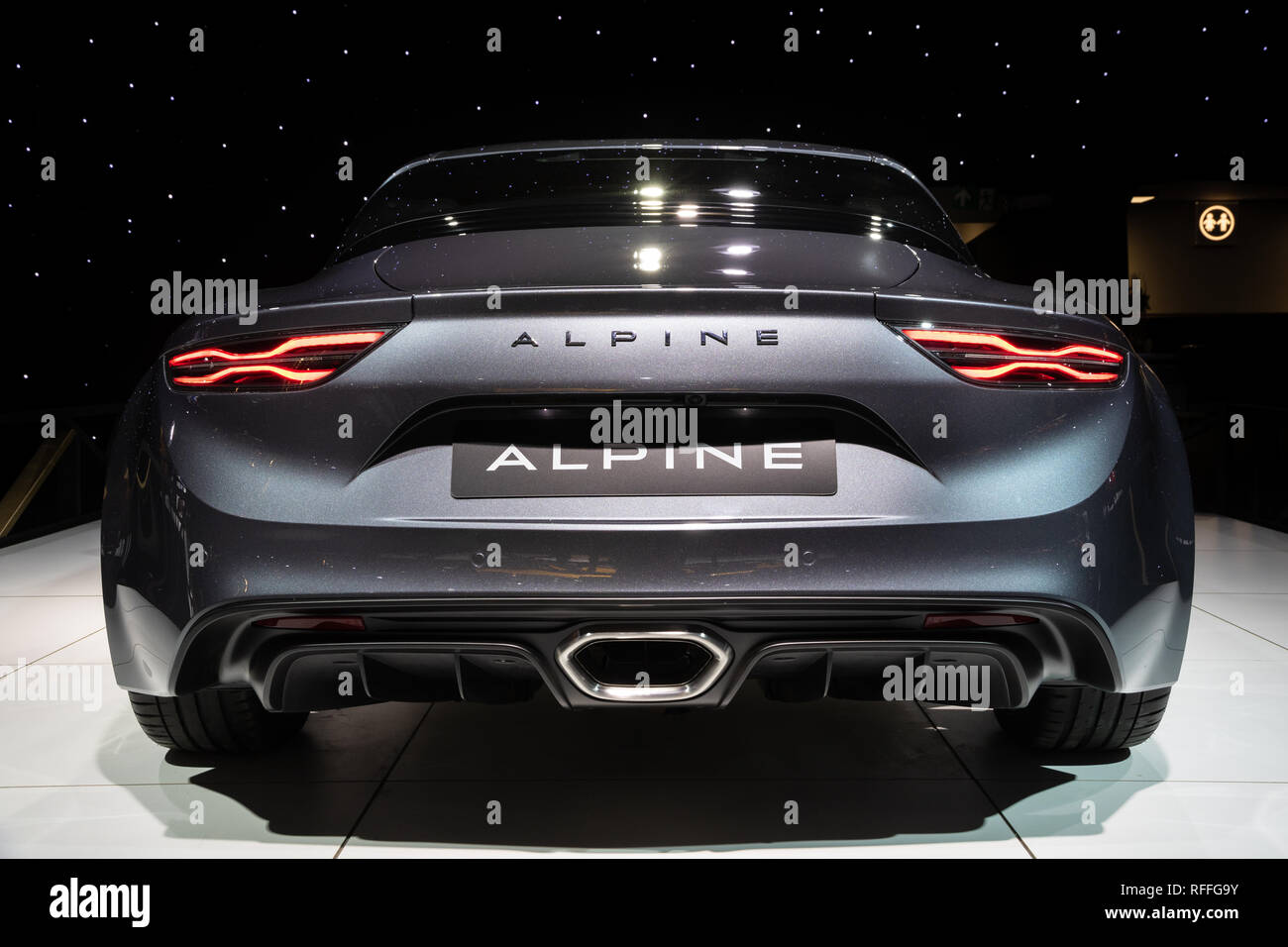 Brüssel - Jan 18, 2019: Alpine A110 Sport Auto präsentiert an der 97th Brüsseler Motor Show 2019 Autosalon. Stockfoto