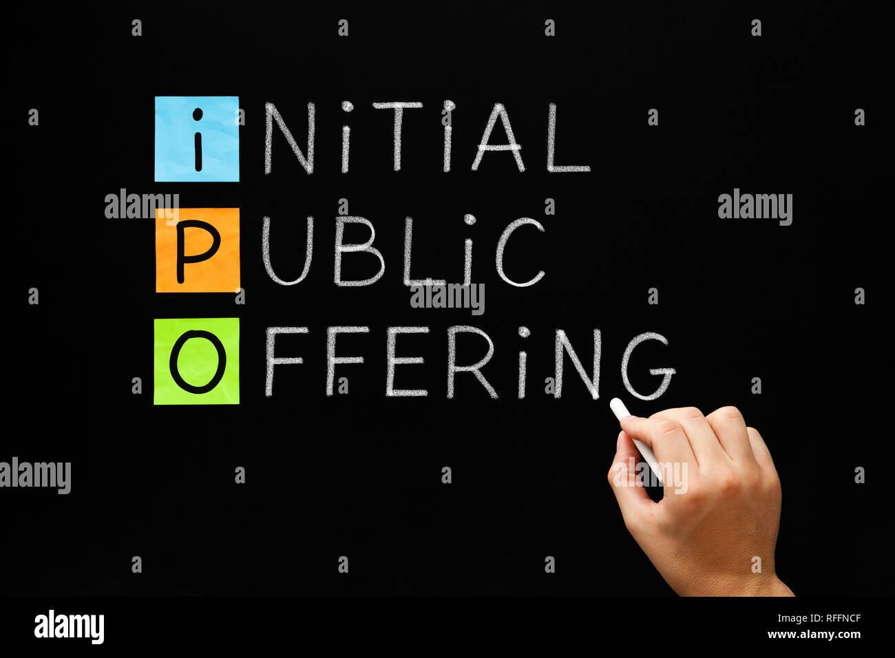 Hand IPO - Initial Public Offering Akronym mit weißer Kreide auf Tafel. Stockfoto